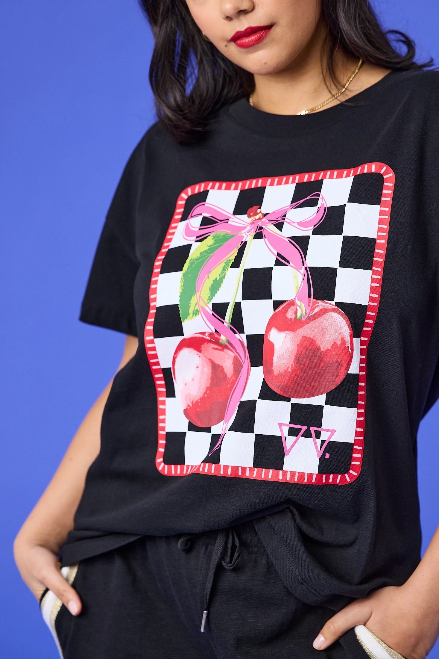 Rebel Club Cherry Checker Boyfriend Tee Black - Image 3