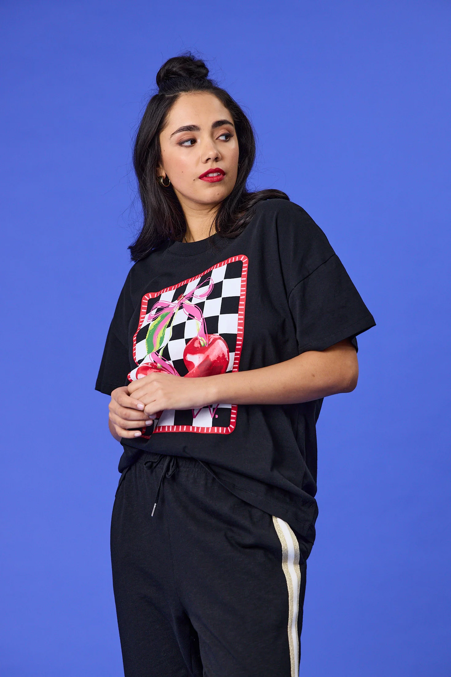 Rebel Club Cherry Checker Boyfriend Tee Black - Image 4