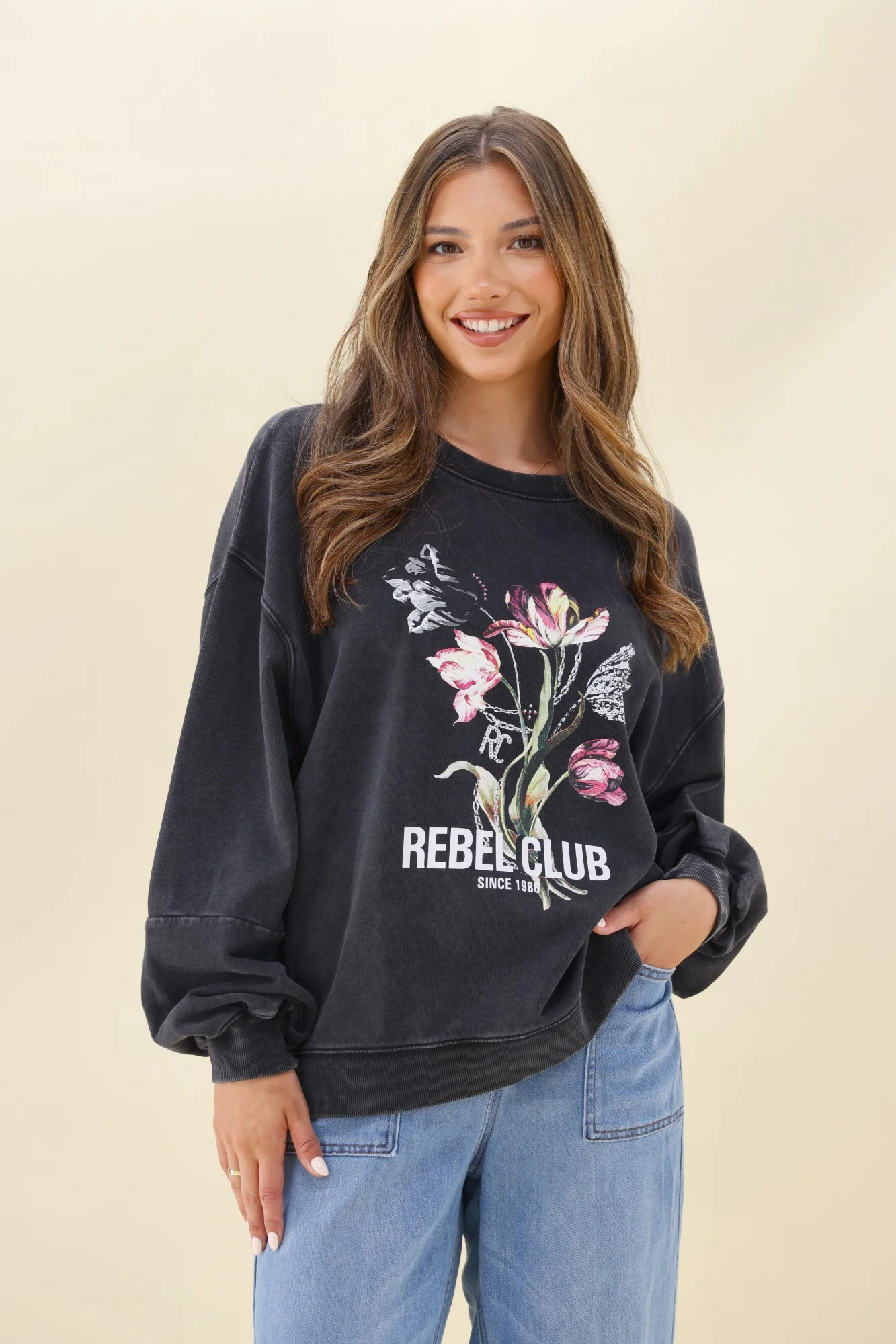 Rebel Club Flowers And Chains Jumper Washed Black - Image 2