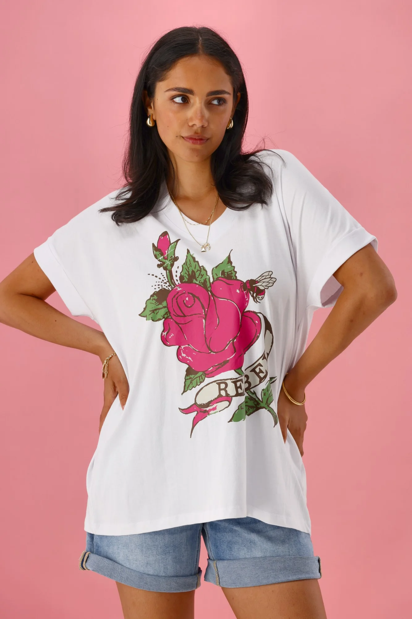 Rebel Club Vintage Rose Cuff V Tee White - Image 6