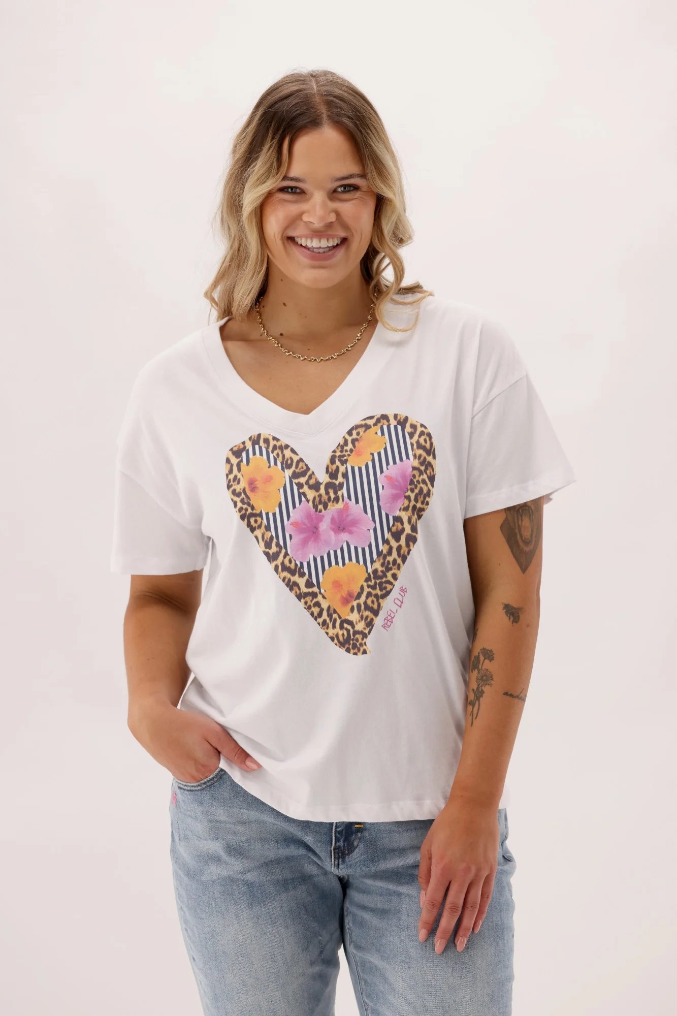 Rebel Club Wild at Heart Floral Stripe V Relaxed Tee White - Image 2