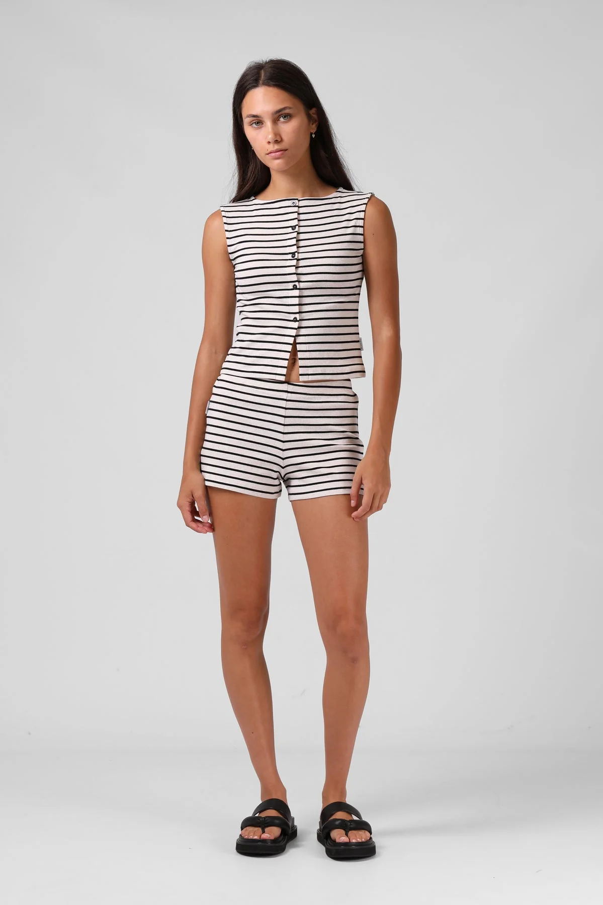 RPM Button Up Tank Top Cream Black Stripe