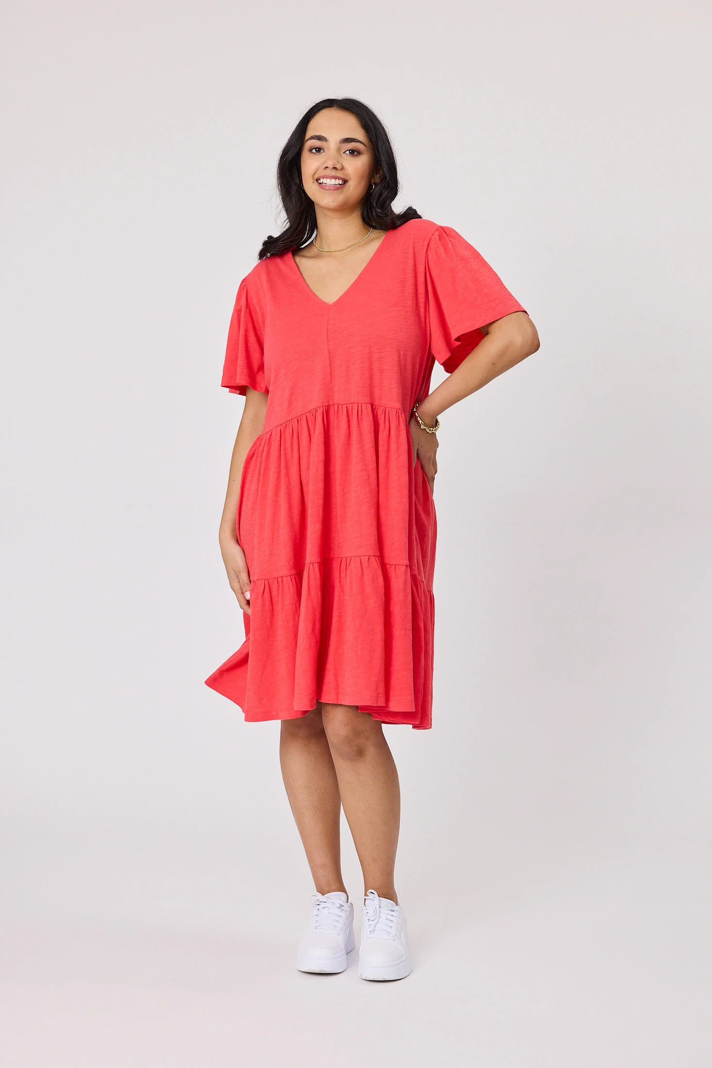 Shine On Essential Flutter Sleeve Dress Coral