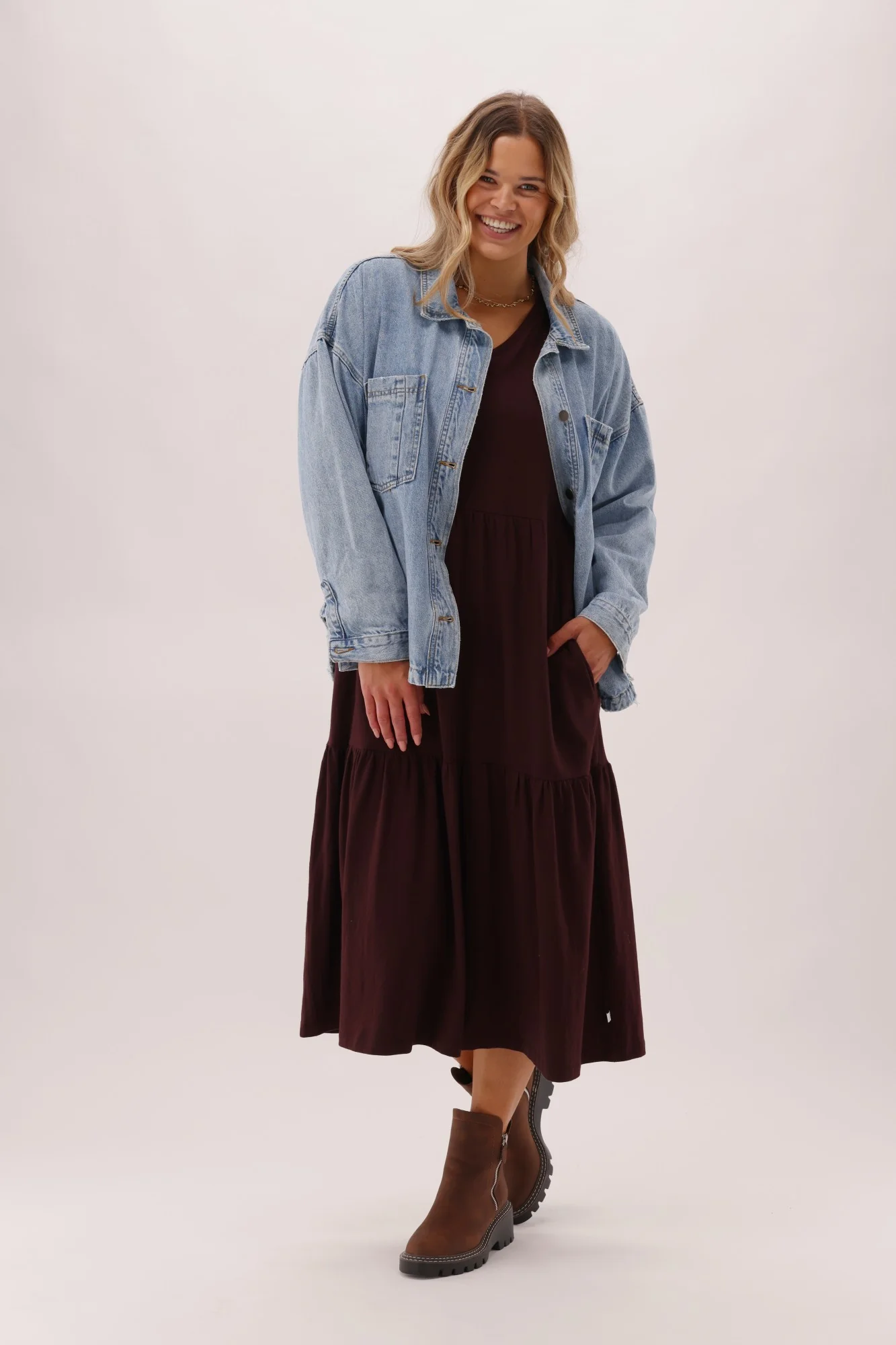 Shine On Essentials Long Sleeve Tiered Dress Chocolate - Image 5