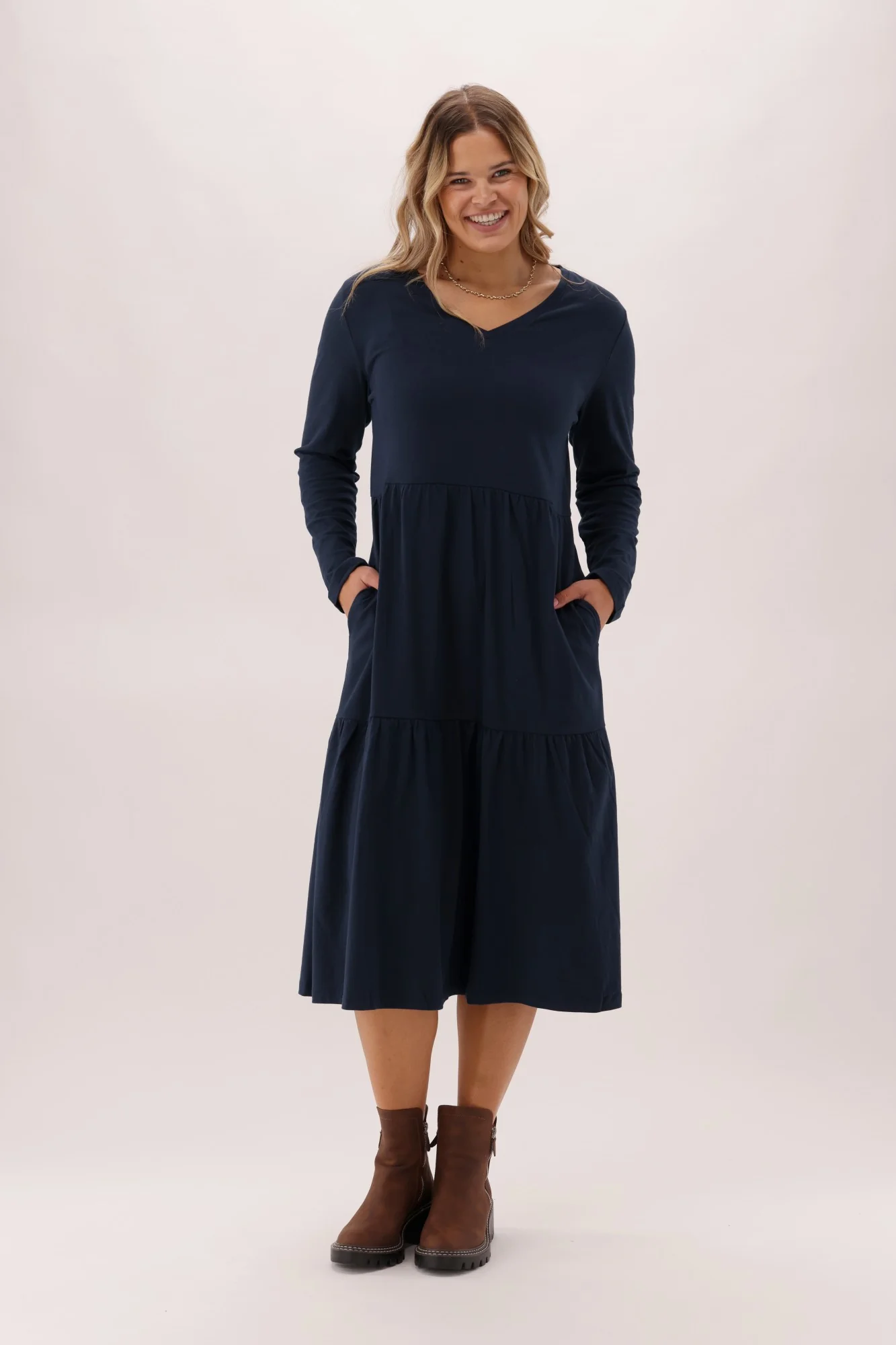 Shine On Essentials Long Sleeve Tiered Dress Navy