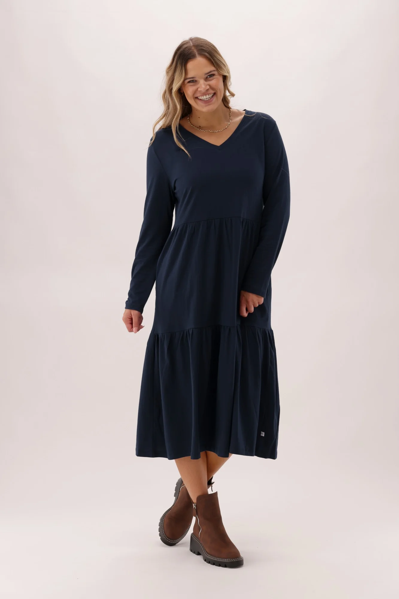 Shine On Essentials Long Sleeve Tiered Dress Navy - Image 4