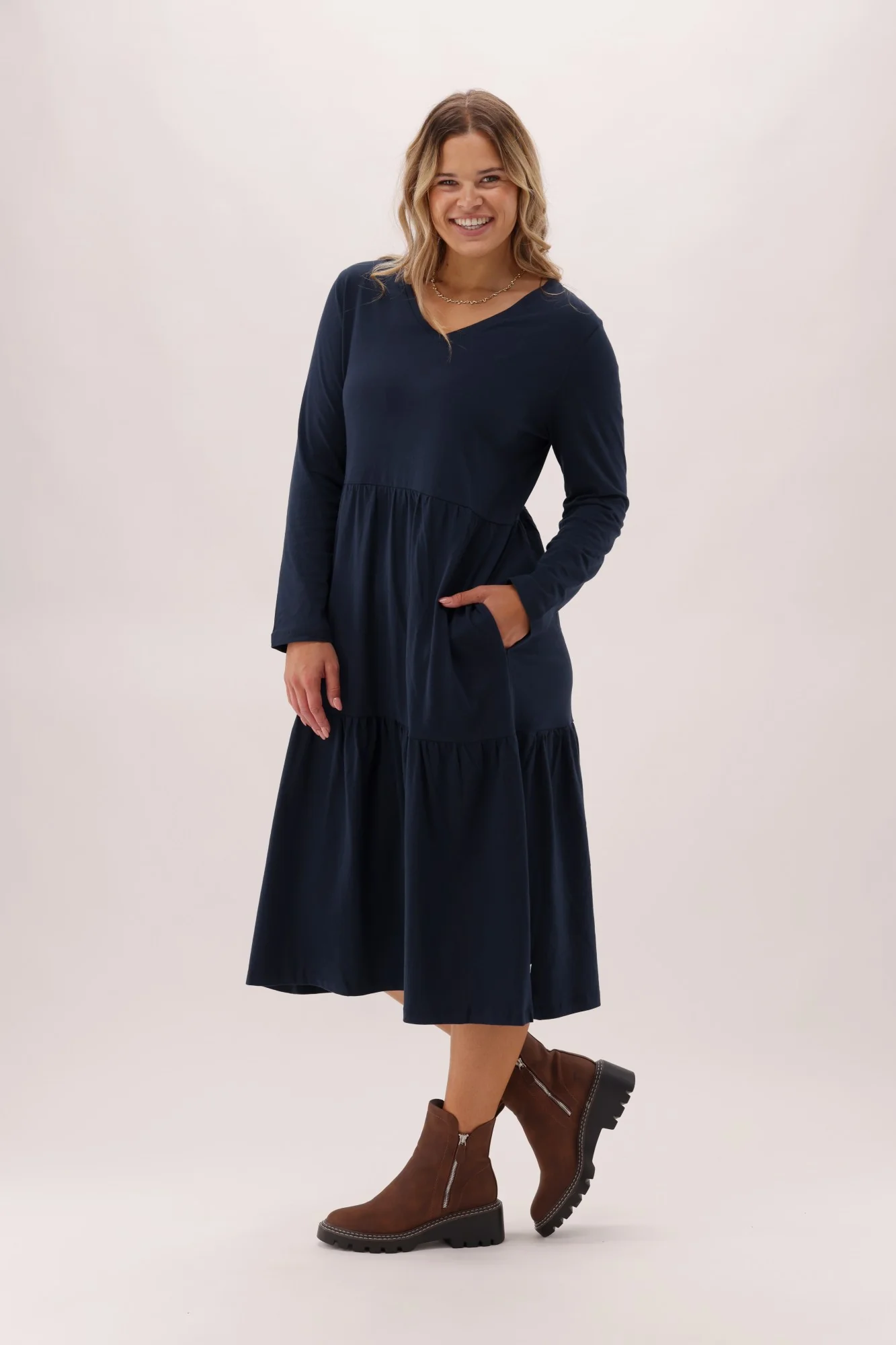 Shine On Essentials Long Sleeve Tiered Dress Navy - Image 5