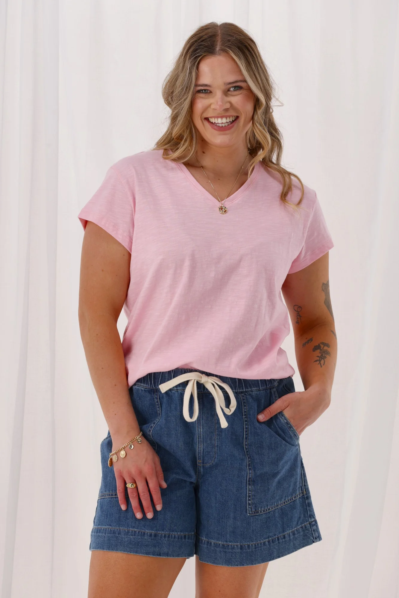 Shine On Essential Staple V Neck Tee Pink