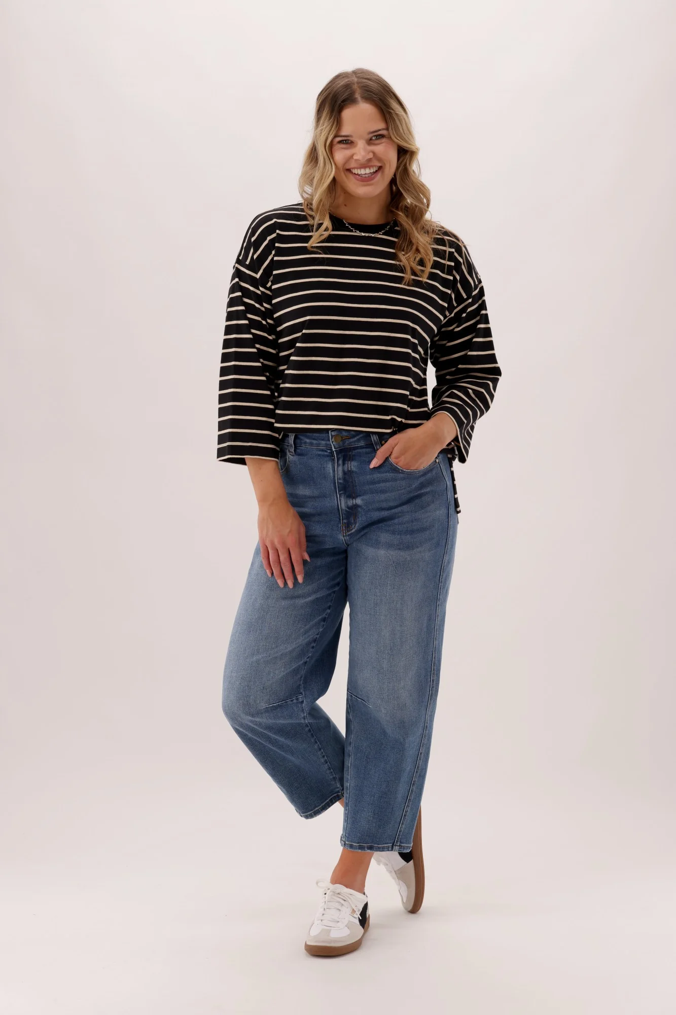 Shine On Essentials 3/4 Relaxed Tee Black and Natural Stripe - Image 3