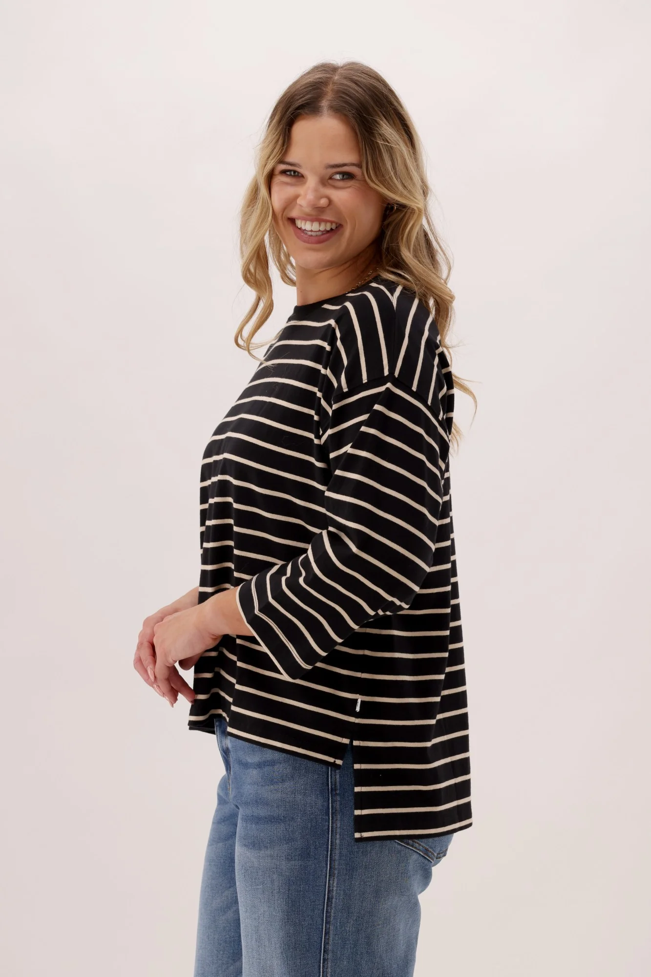 Shine On Essentials 3/4 Relaxed Tee Black and Natural Stripe - Image 4
