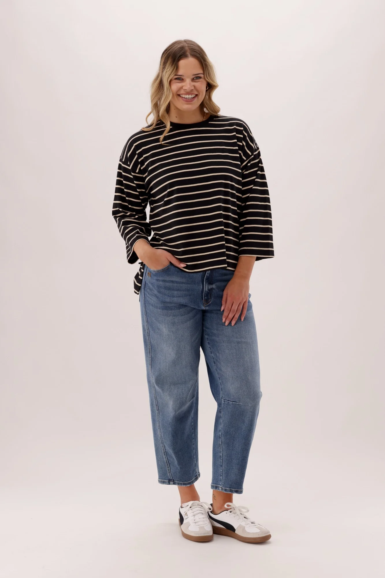 Shine On Essentials 3/4 Relaxed Tee Black and Natural Stripe - Image 6