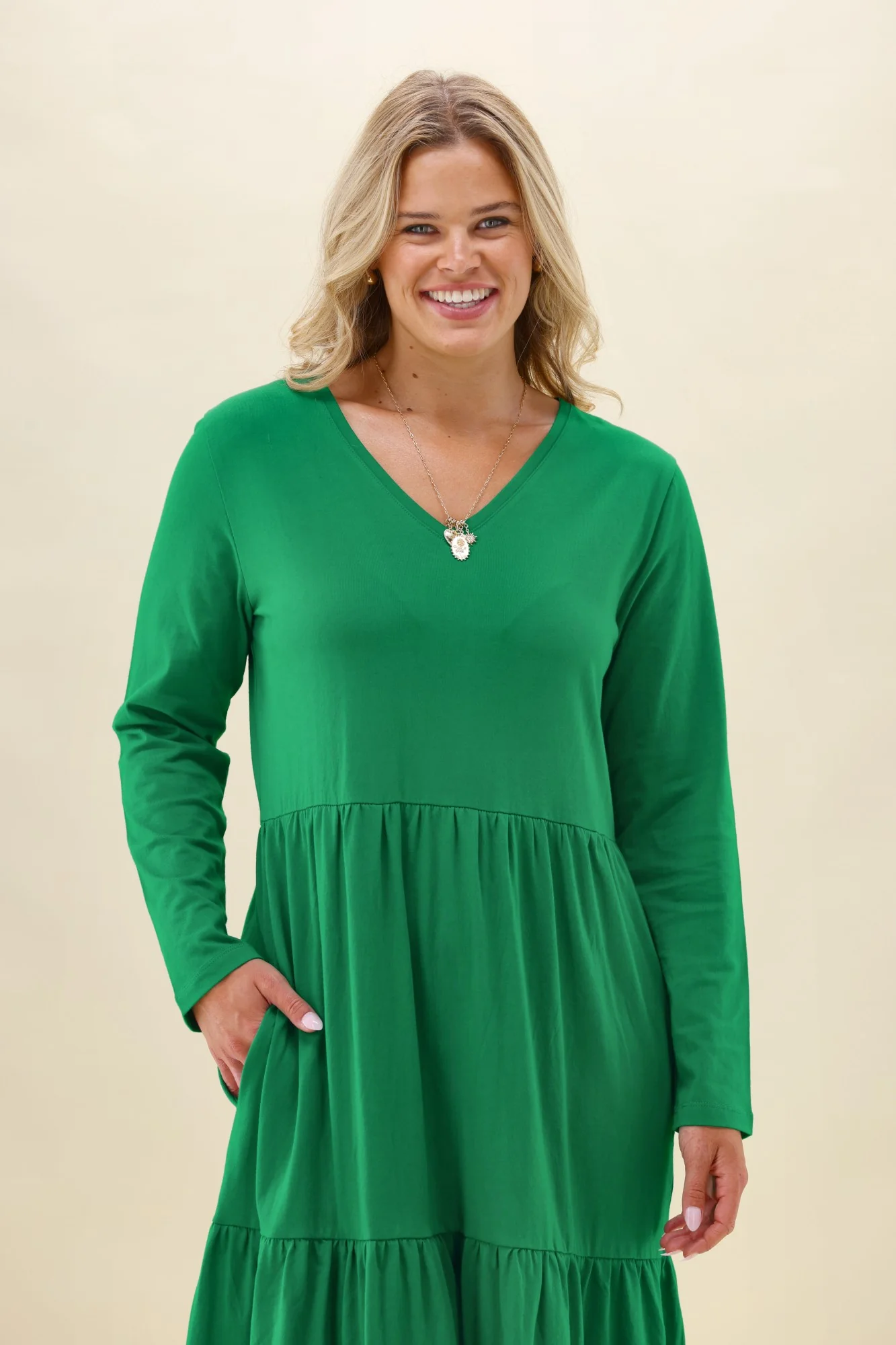Shine On Essentials Long Sleeve Tiered Dress Forest Green - Image 2