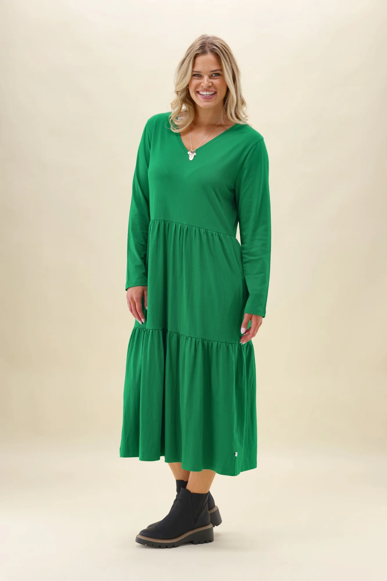 Shine On Essentials Long Sleeve Tiered Dress Forest Green - Image 5