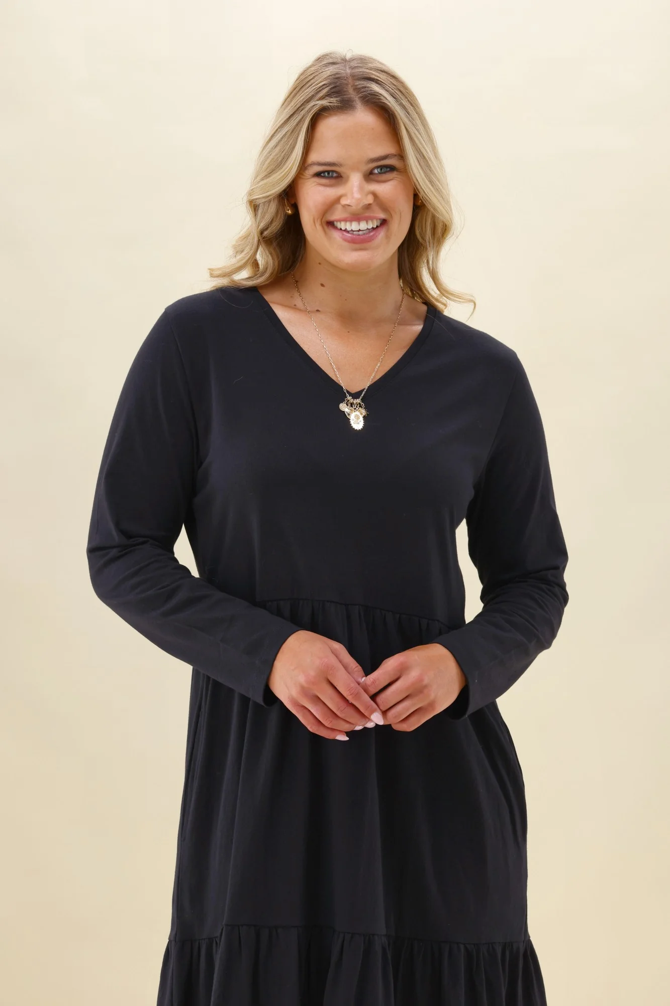 Shine On Essentials Long Sleeve Tiered Dress Black - Image 2