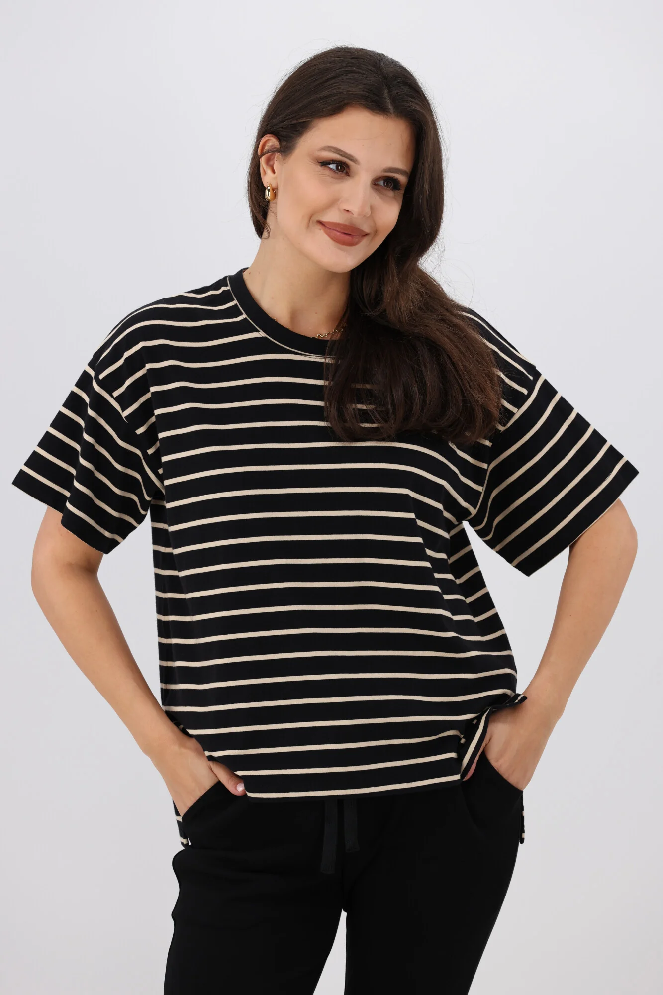 Shine On Essentials Relaxed Stripe Tee Black and Natural Stripe