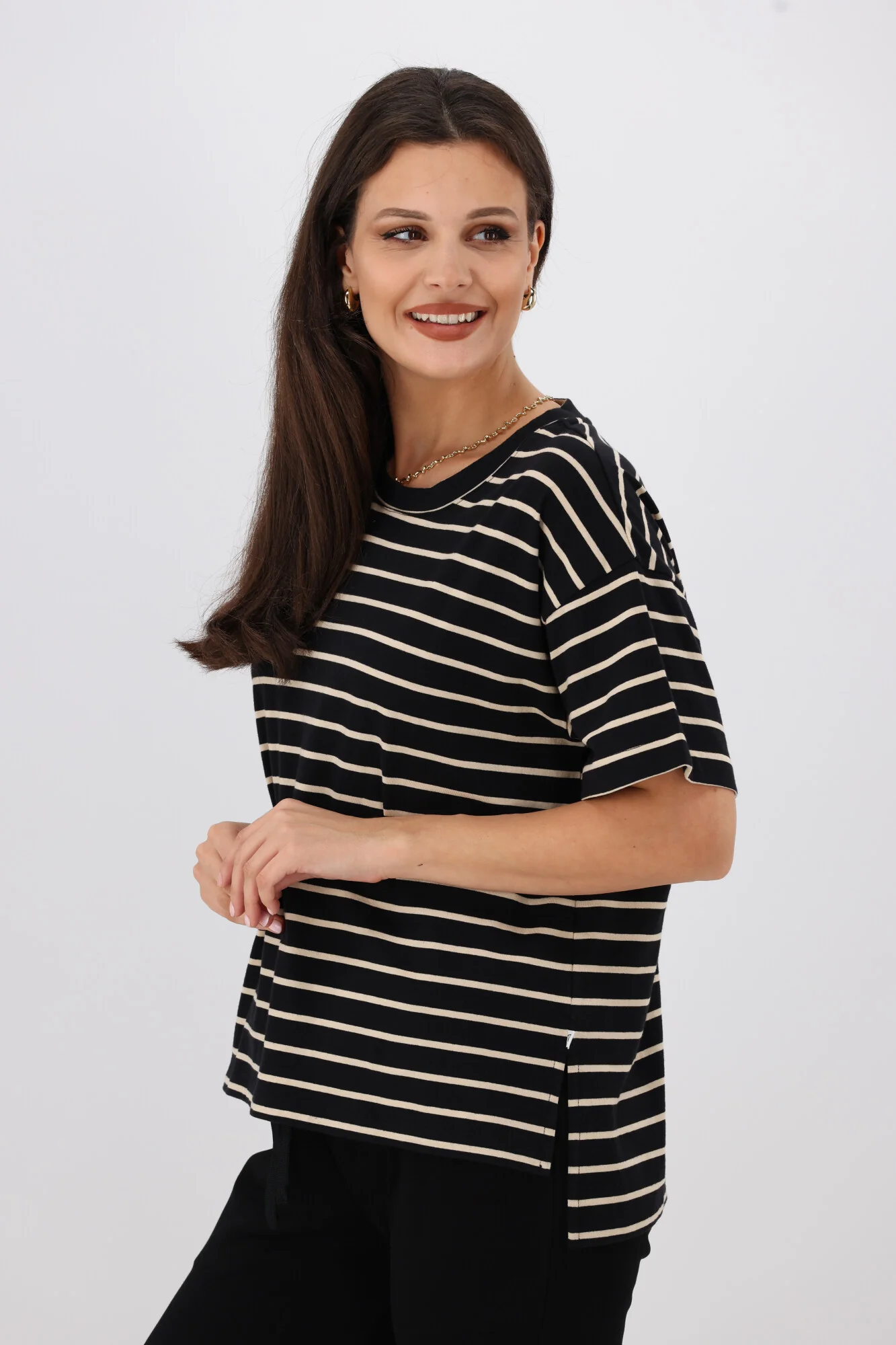 Shine On Essentials Relaxed Stripe Tee Black and Natural Stripe - Image 7