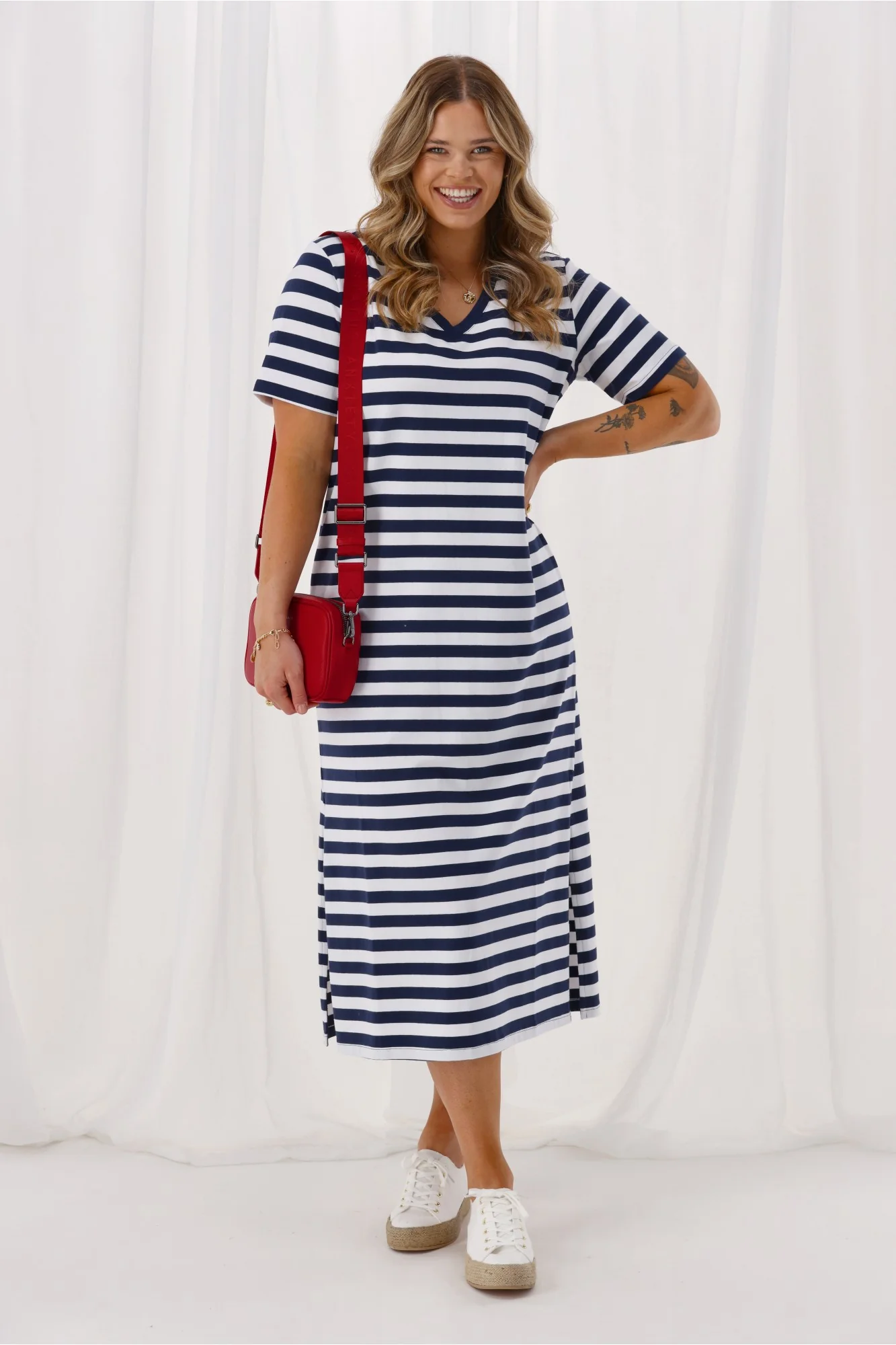 Shine On Essentials Relaxed Stripe Tee Dress Blue and White