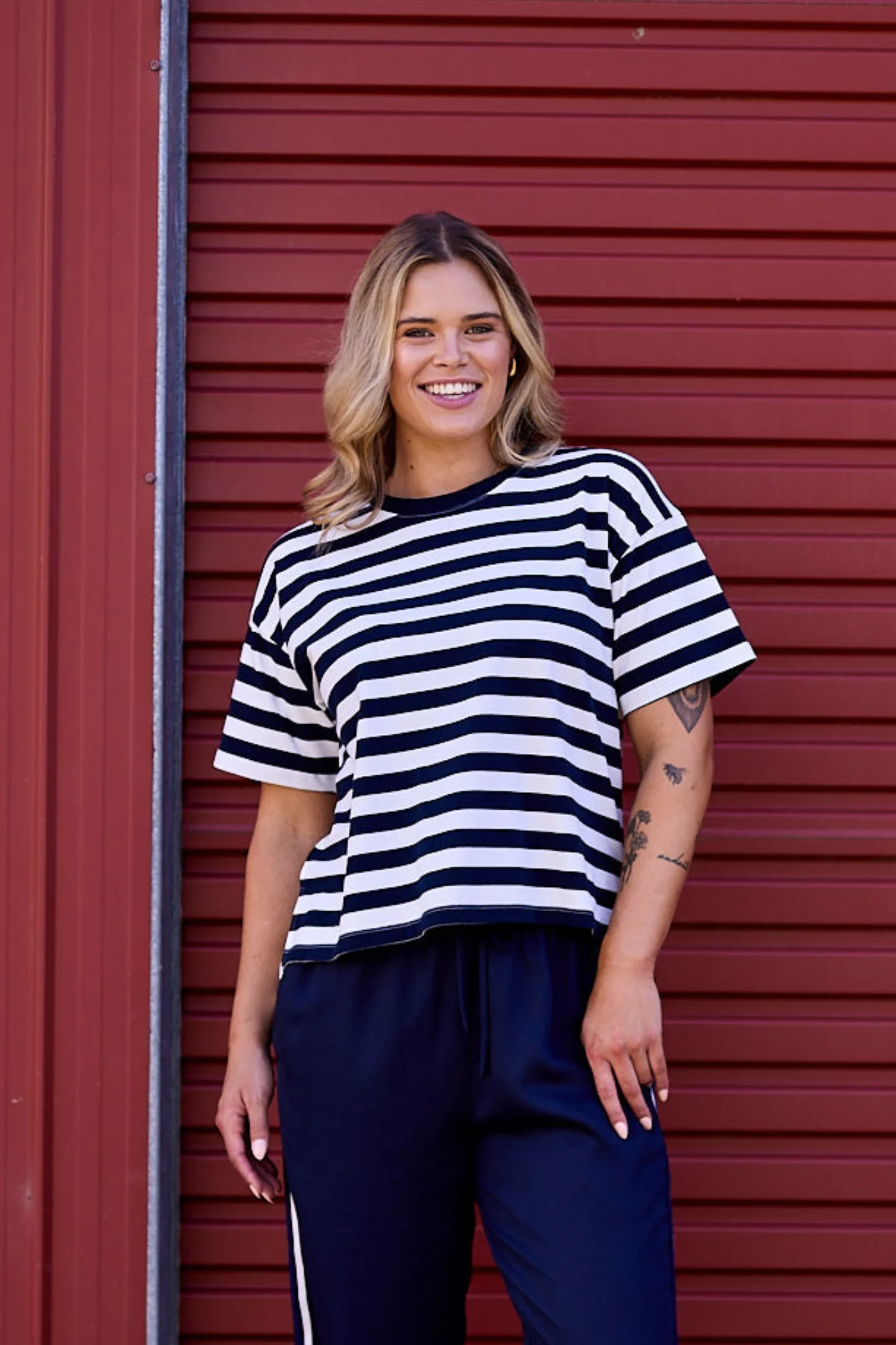 Shine On Essentials Relaxed Stripe Tee White and Navy Stripe