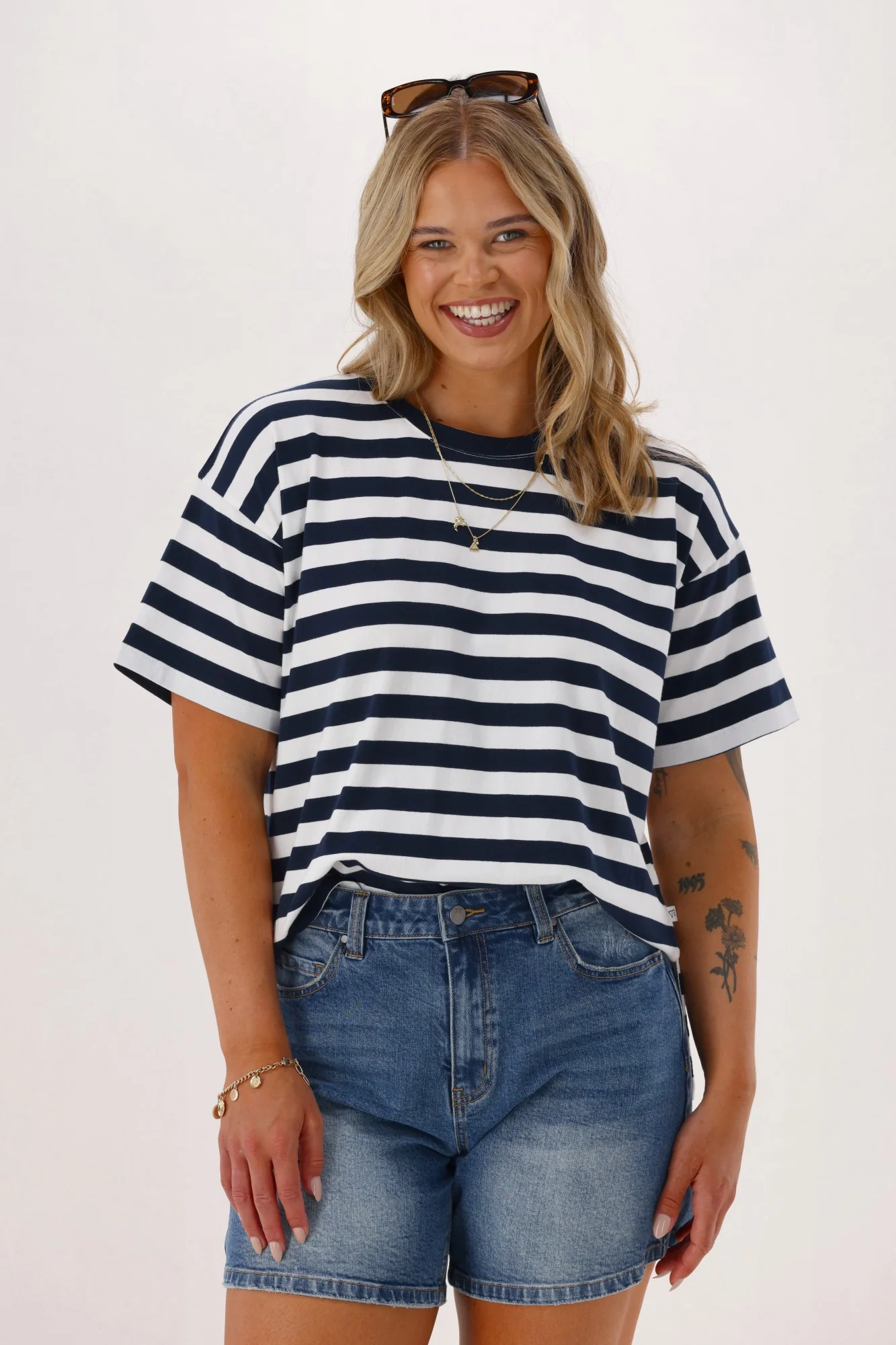 Shine On Essentials Relaxed Stripe Tee White and Navy Stripe - Image 2