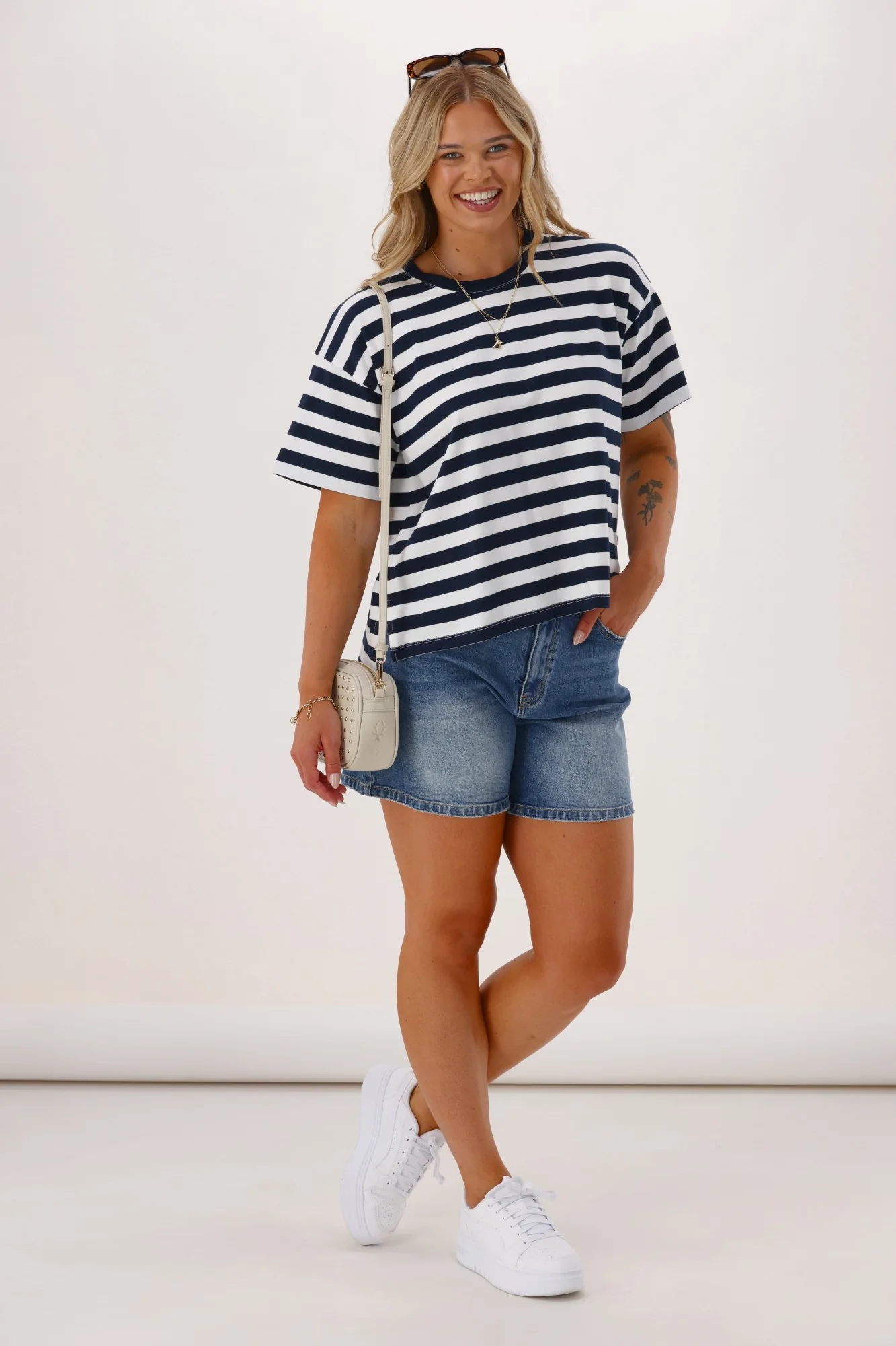 Shine On Essentials Relaxed Stripe Tee White and Navy Stripe - Image 3