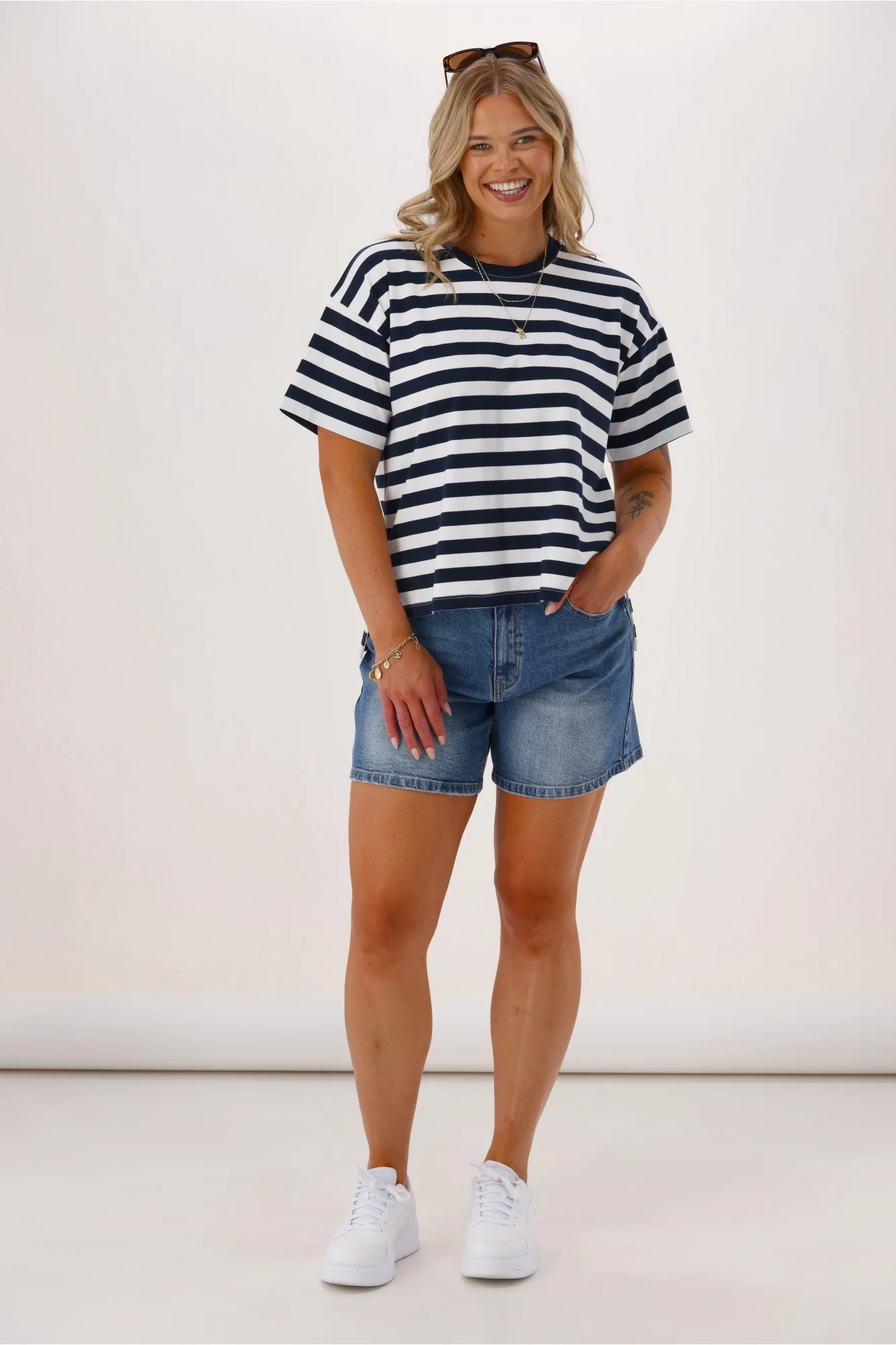 Shine On Essentials Relaxed Stripe Tee White and Navy Stripe - Image 4