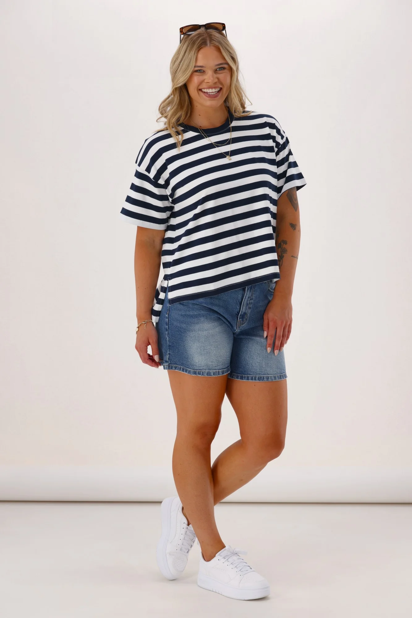 Shine On Essentials Relaxed Stripe Tee White and Navy Stripe - Image 5