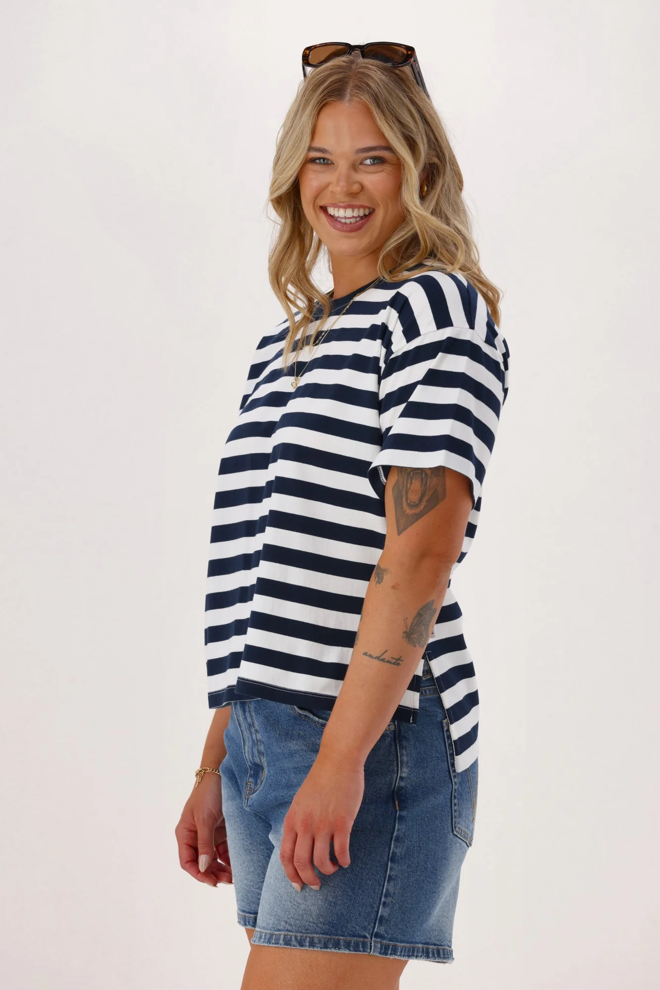 Shine On Essentials Relaxed Stripe Tee White and Navy Stripe - Image 6