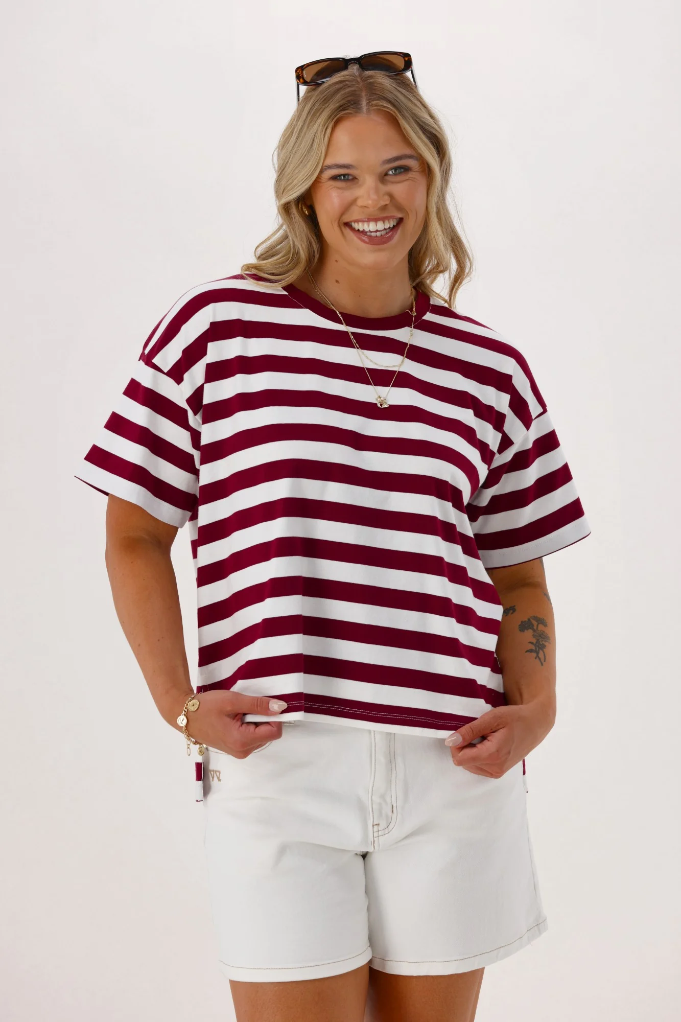 Shine On Essentials Relaxed Stripe Tee White and Wine Stripe - Image 2