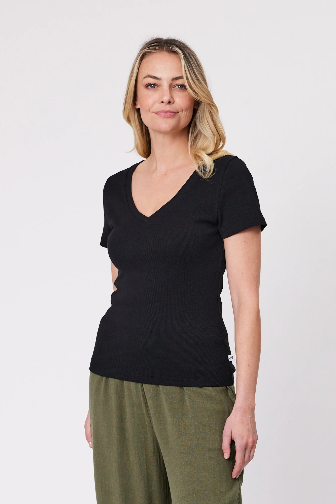 Shine On Essentials Rib V Neck Tee Black - Image 3