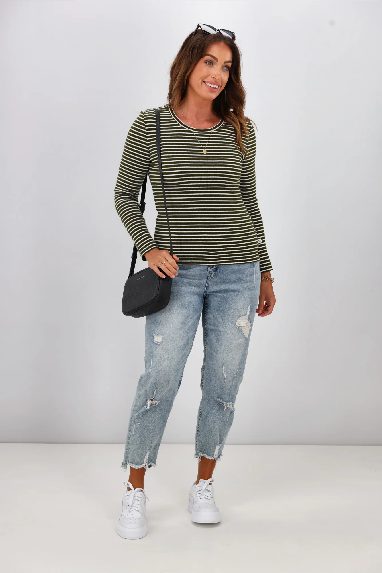 Shine On Essentials Stripe Rib Long Sleeve Olive and White - Image 3
