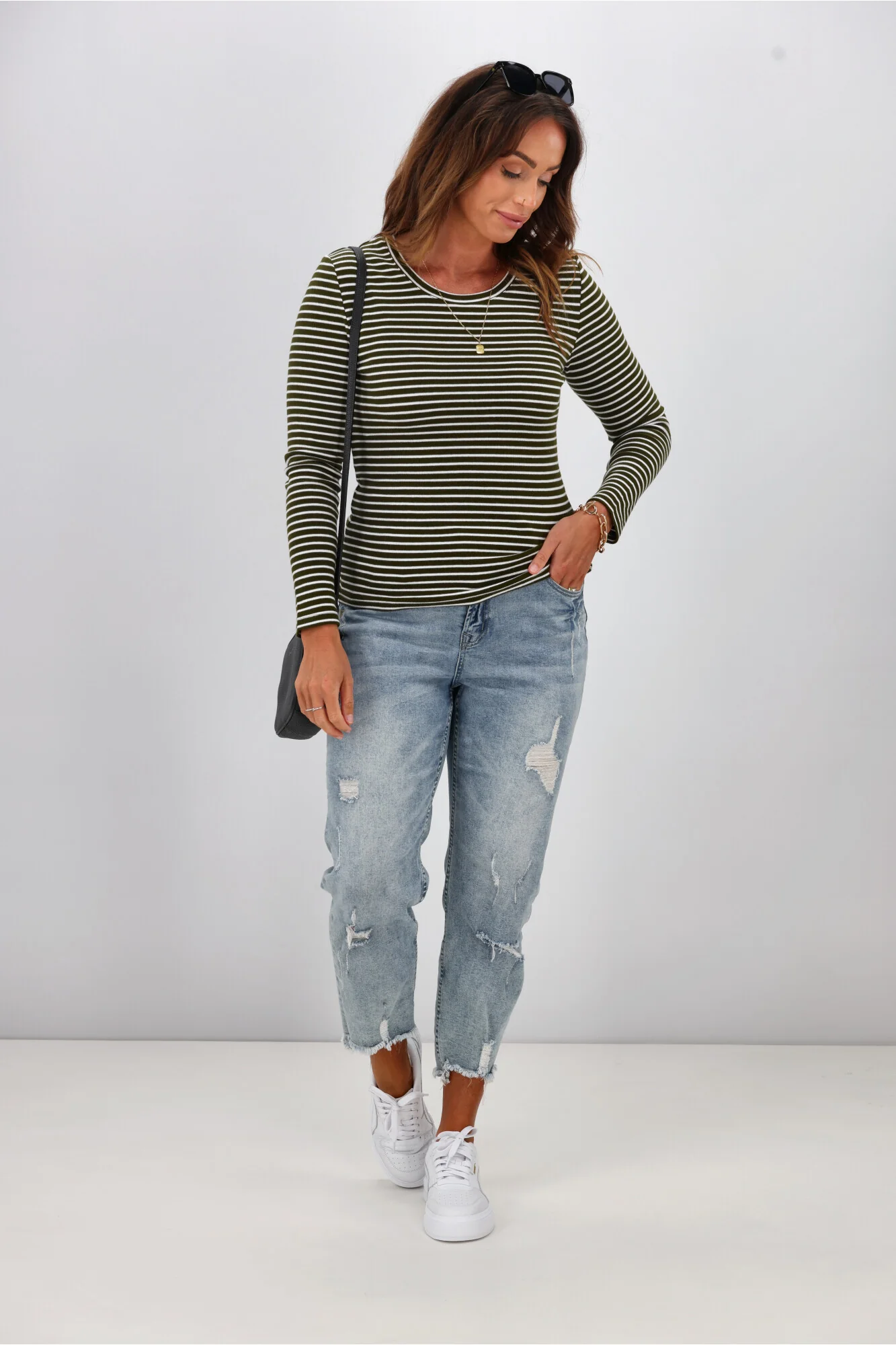 Shine On Essentials Stripe Rib Long Sleeve Olive and White - Image 4