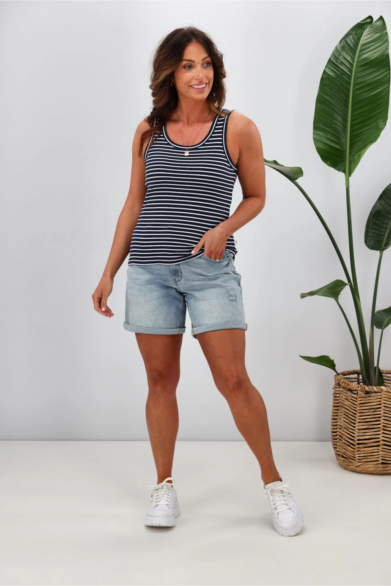 Shine On Essentials Stripe Rib Tank Navy White Stripe - Image 3