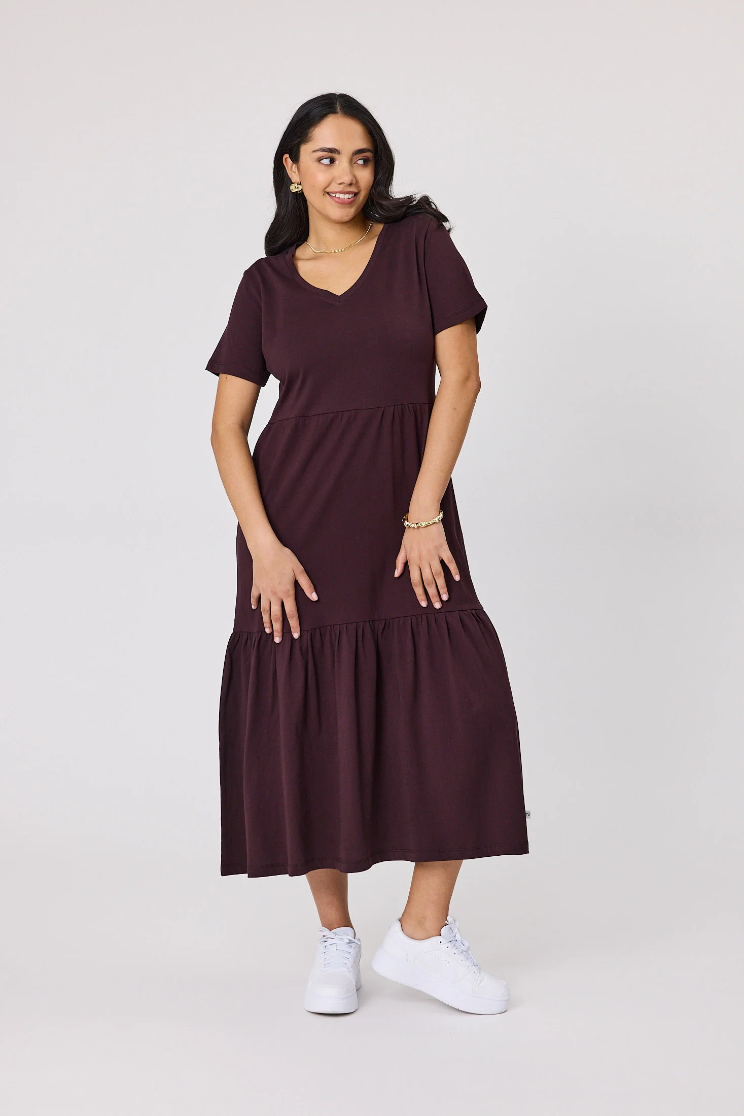 Shine On Essentials Tiered Midi Dress Chocolate