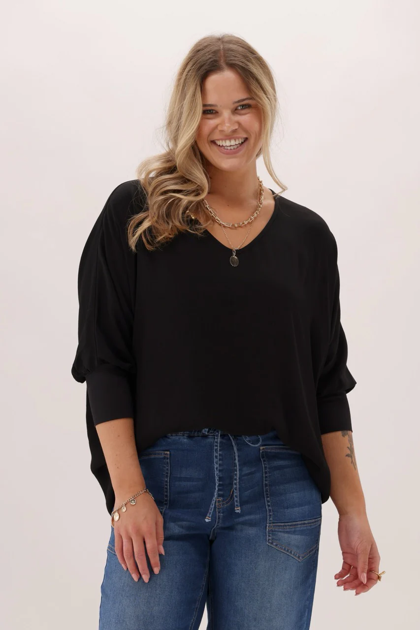 Shine On Label 3/4 Sleeve Drape Top Black - Image 2