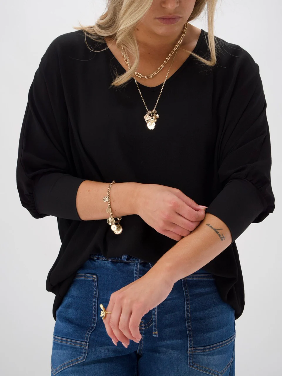Shine On Label 3/4 Sleeve Drape Top Black - Image 3