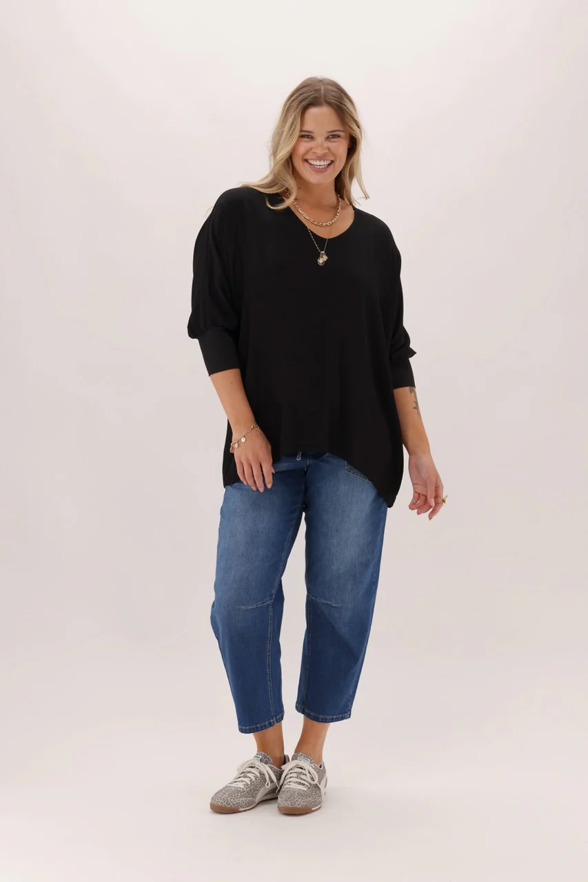 Shine On Label 3/4 Sleeve Drape Top Black - Image 4