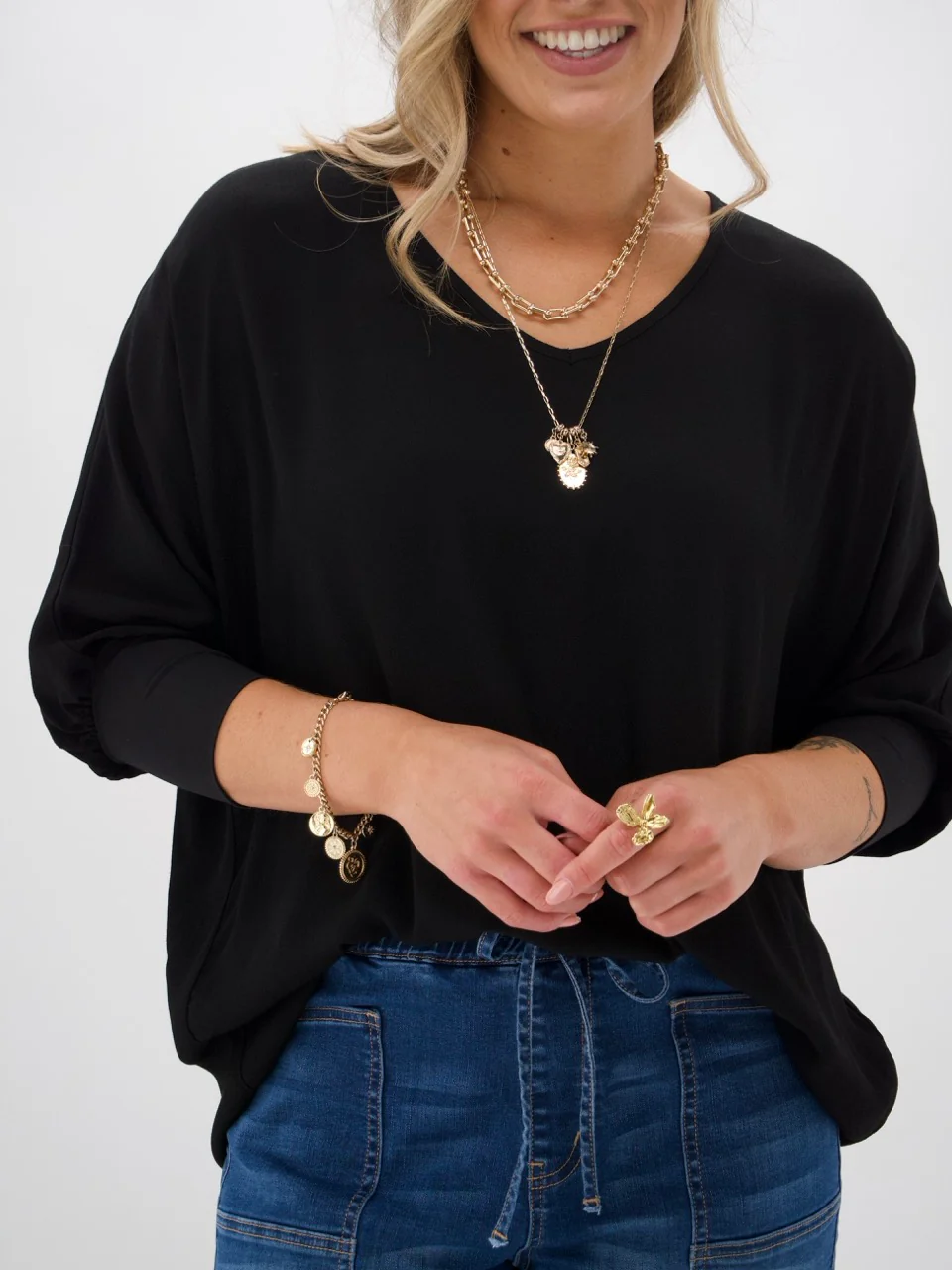 Shine On Label 3/4 Sleeve Drape Top Black - Image 6