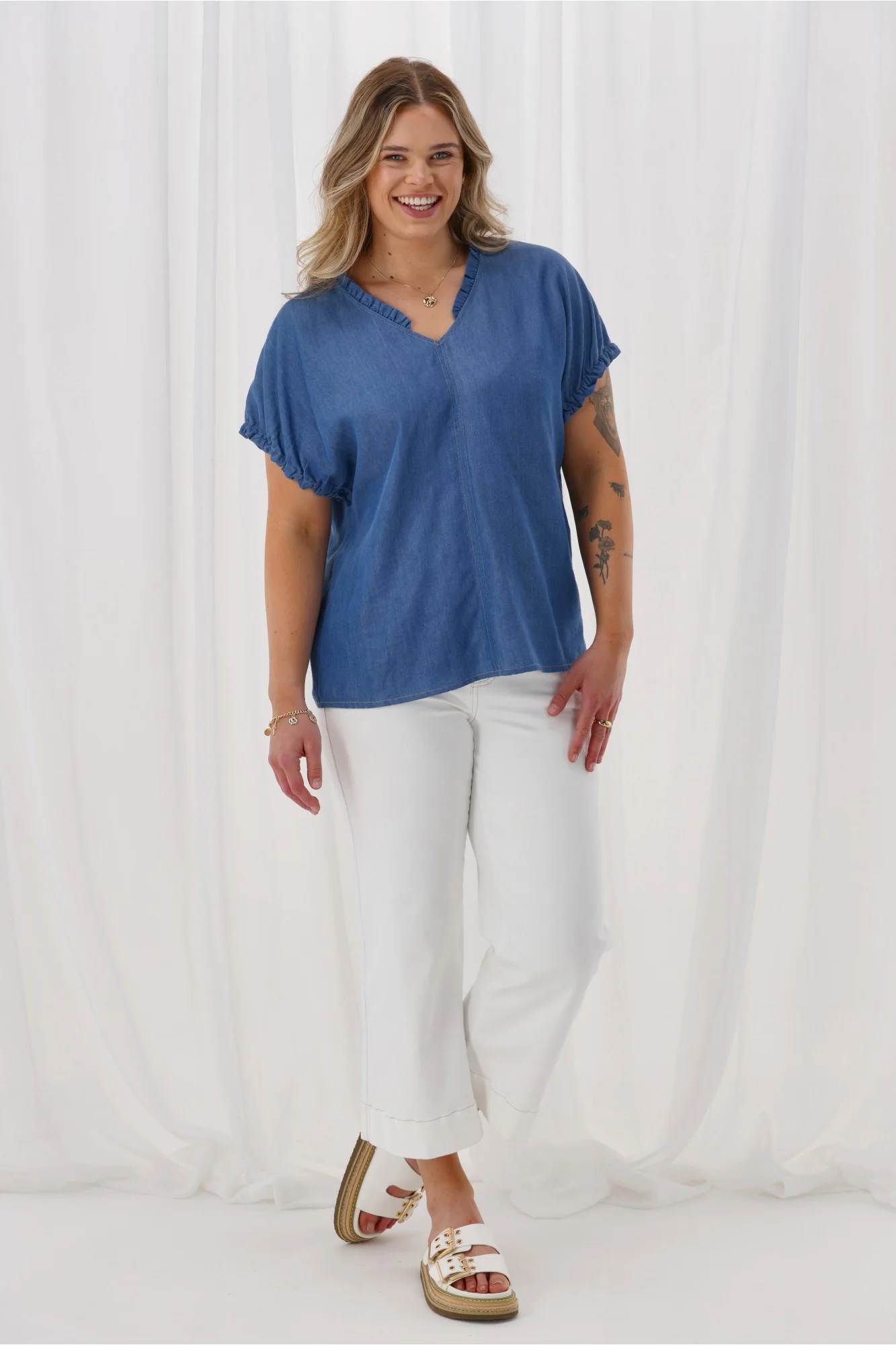 Shine On Label Adeline Frill Neck Top Chambray