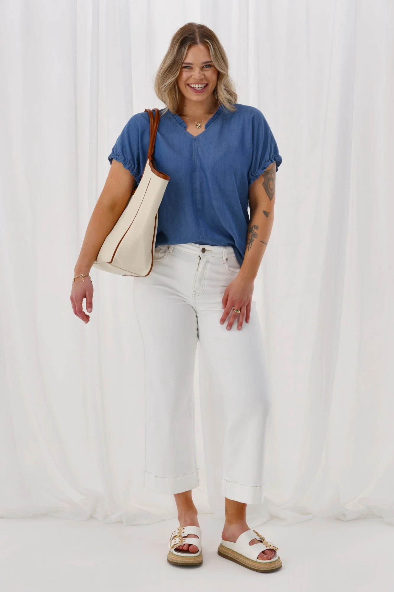 Shine On Label Adeline Frill Neck Top Chambray - Image 2