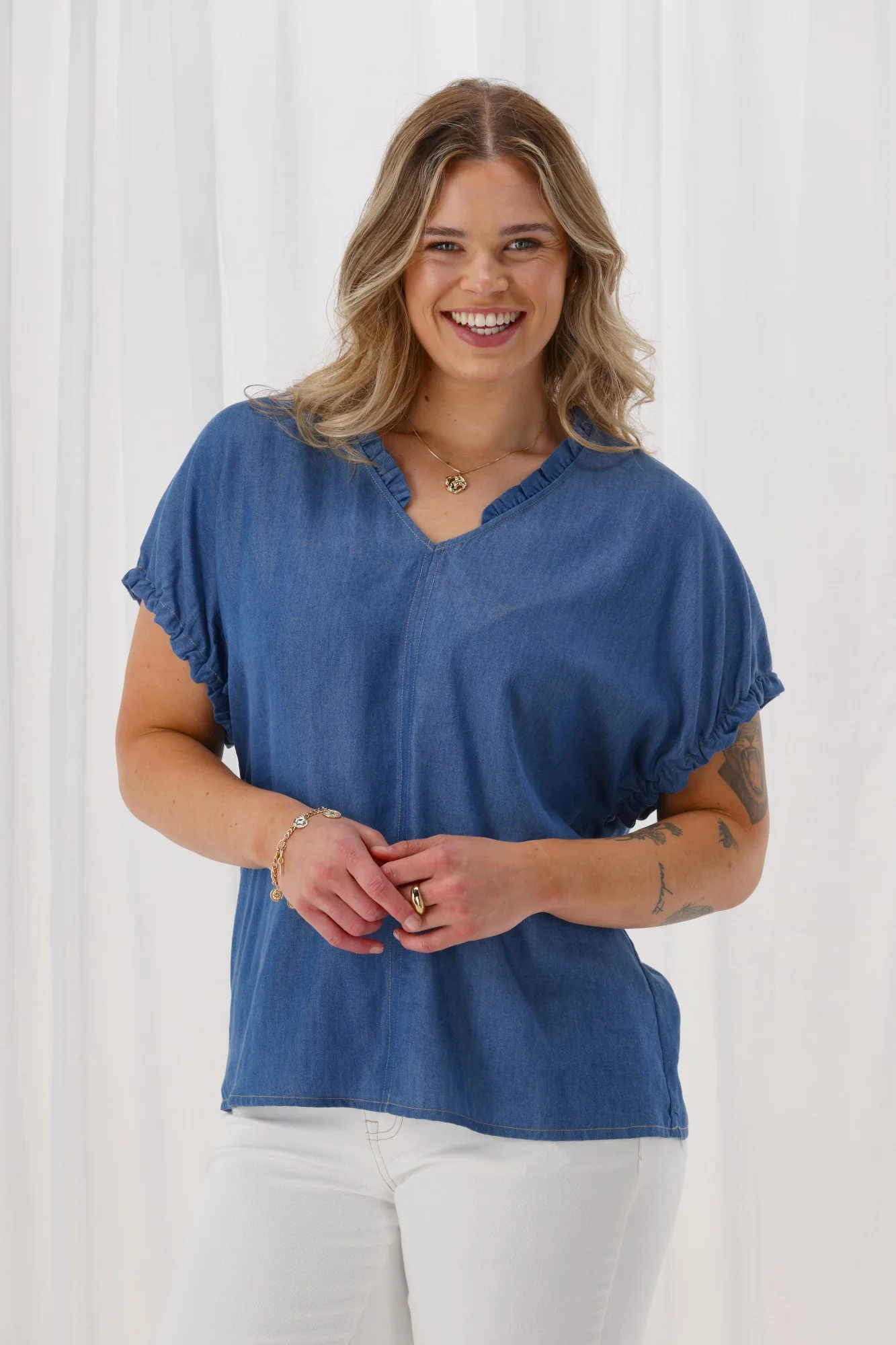 Shine On Label Adeline Frill Neck Top Chambray - Image 3