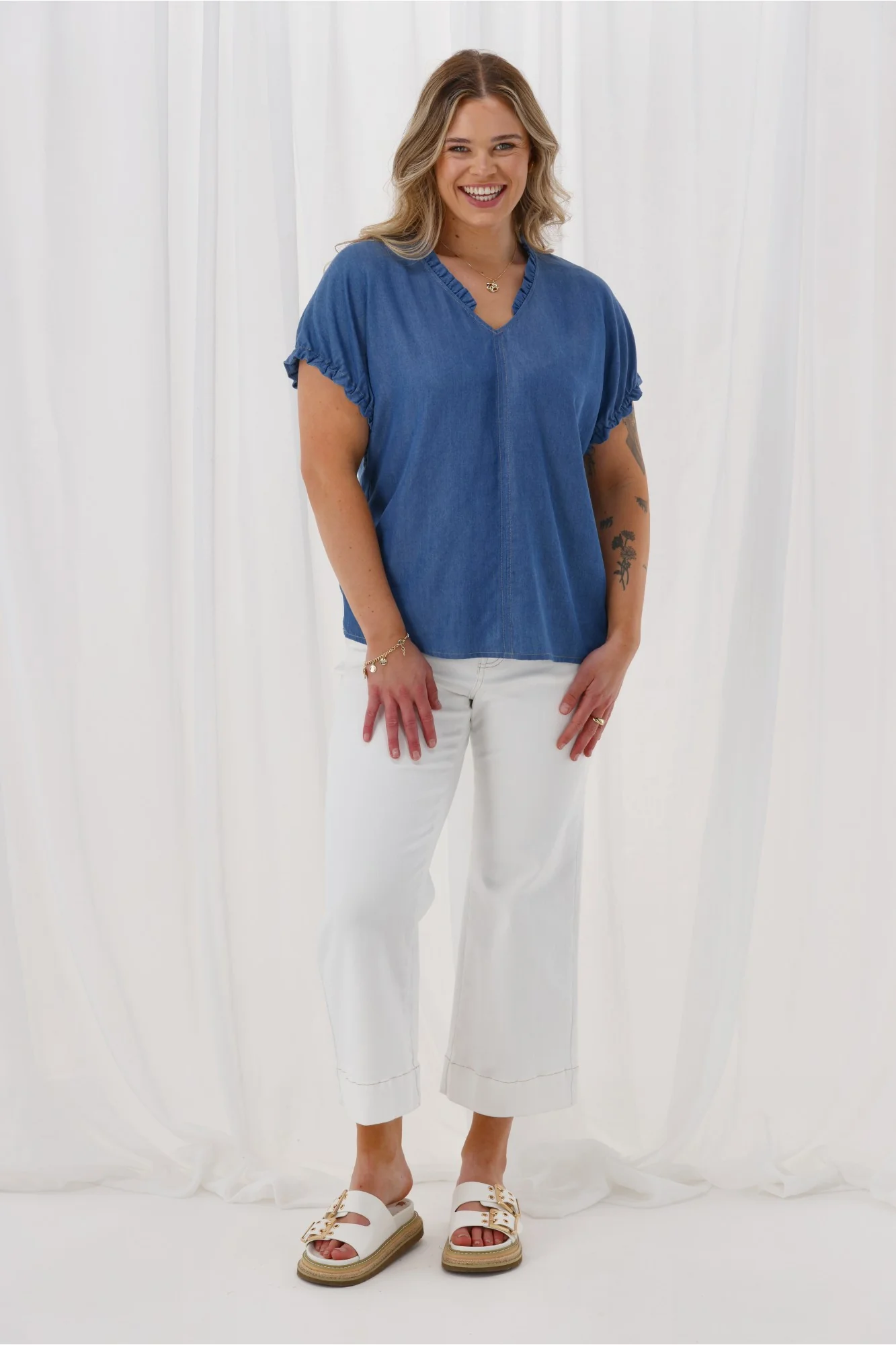 Shine On Label Adeline Frill Neck Top Chambray - Image 4