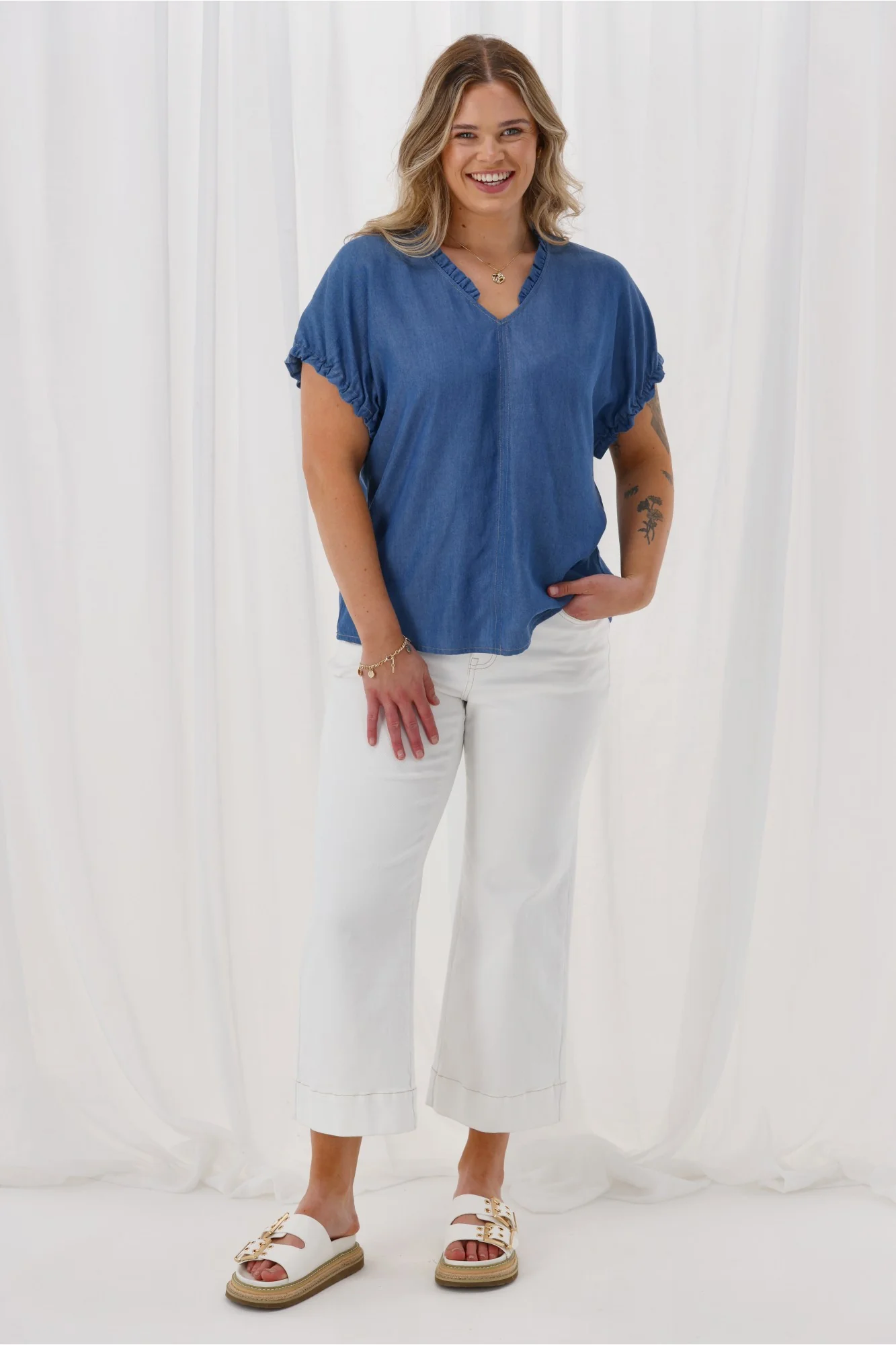Shine On Label Adeline Frill Neck Top Chambray - Image 5