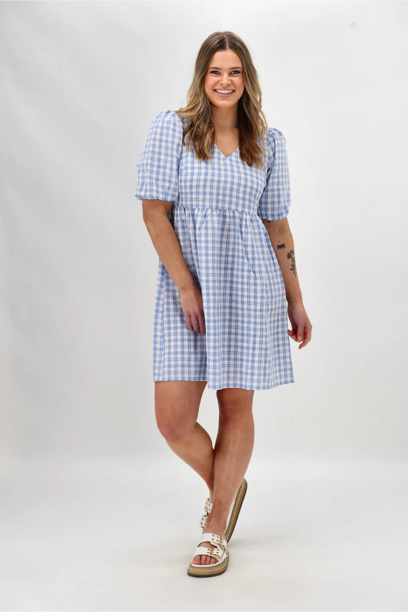 Shine On Label Akio V Neck Puff Sleeve Dress Blue Check
