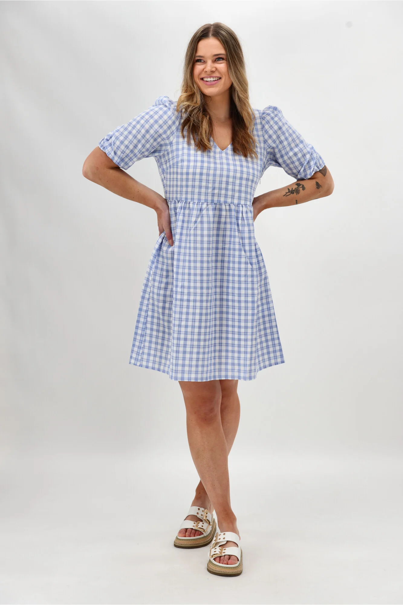 Shine On Label Akio V Neck Puff Sleeve Dress Blue Check - Image 3