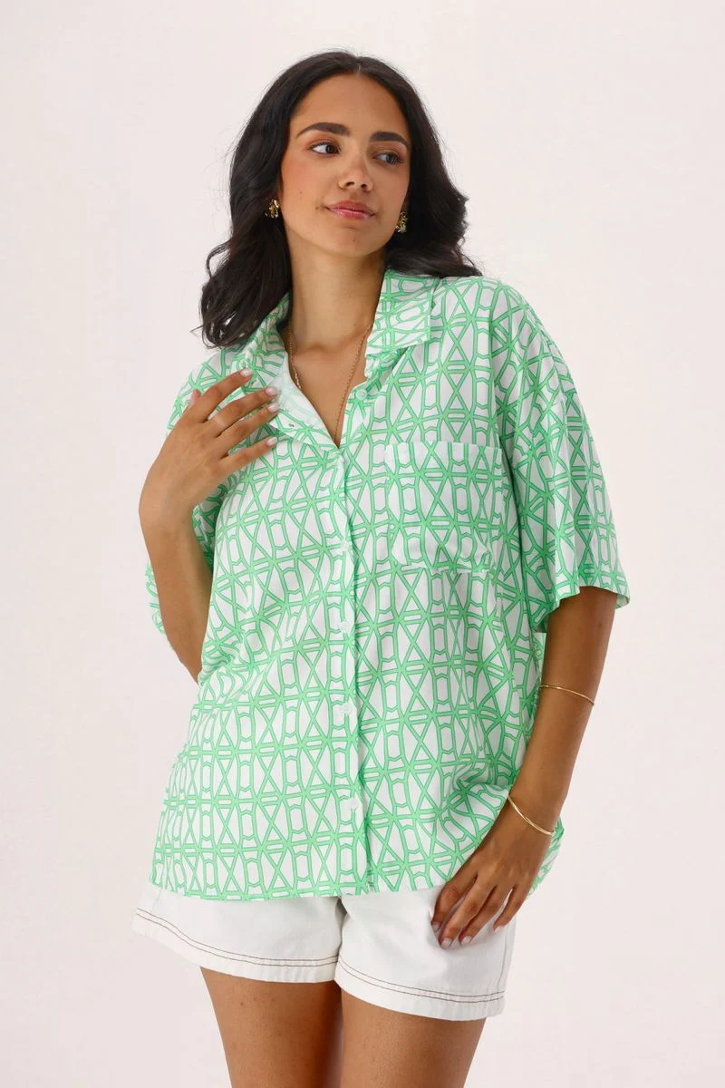 Shine On Label Amina Shirt Green White Geo - Image 2