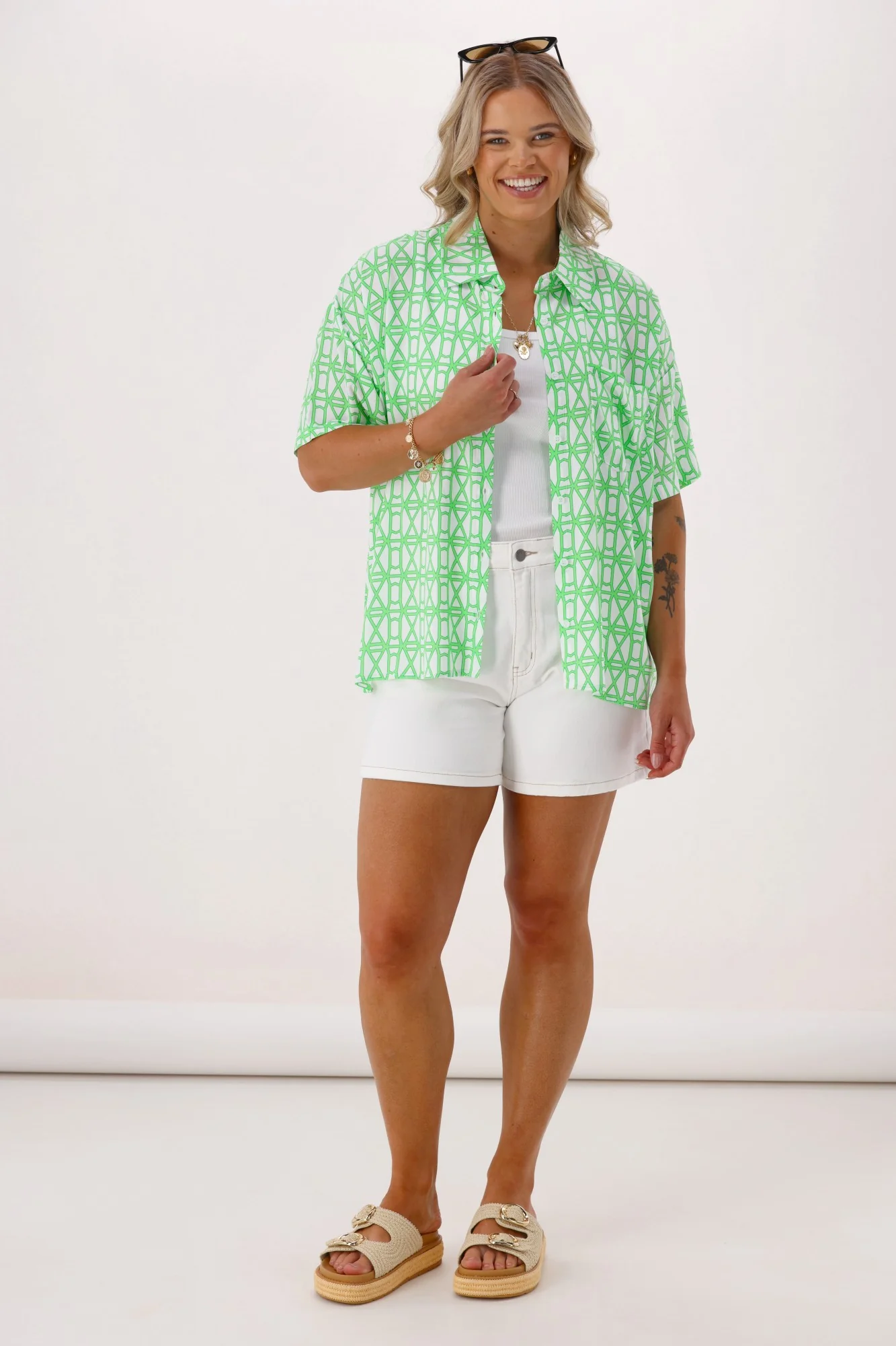 Shine On Label Amina Shirt Green White Geo - Image 6