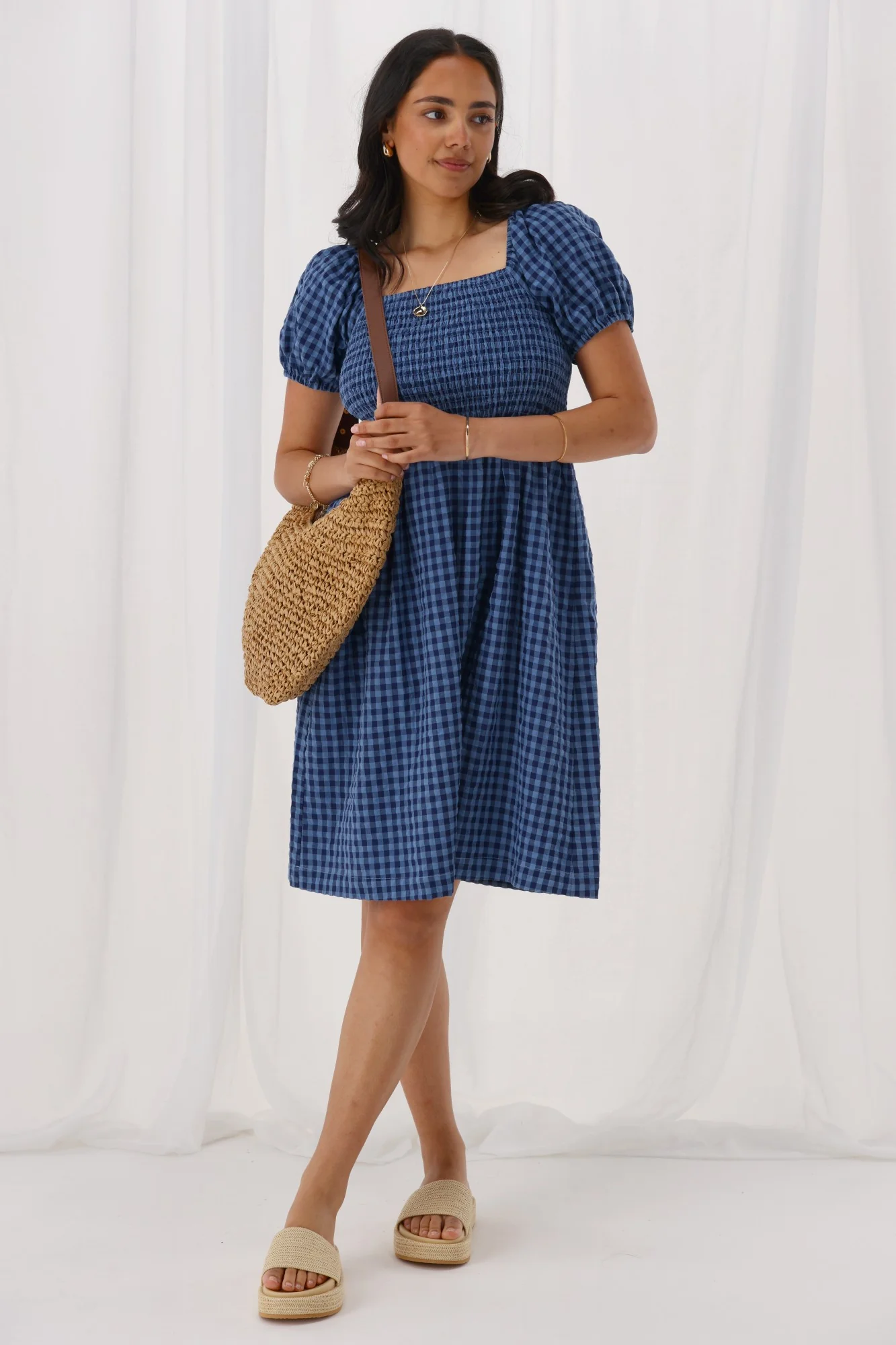 Shine On Label Anara Dress Blue And Navy Check