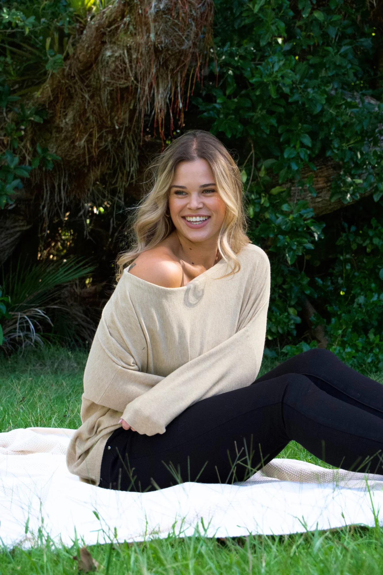 Shine On Label Anika Off The Shoulder Slouchy Knit Oatmeal