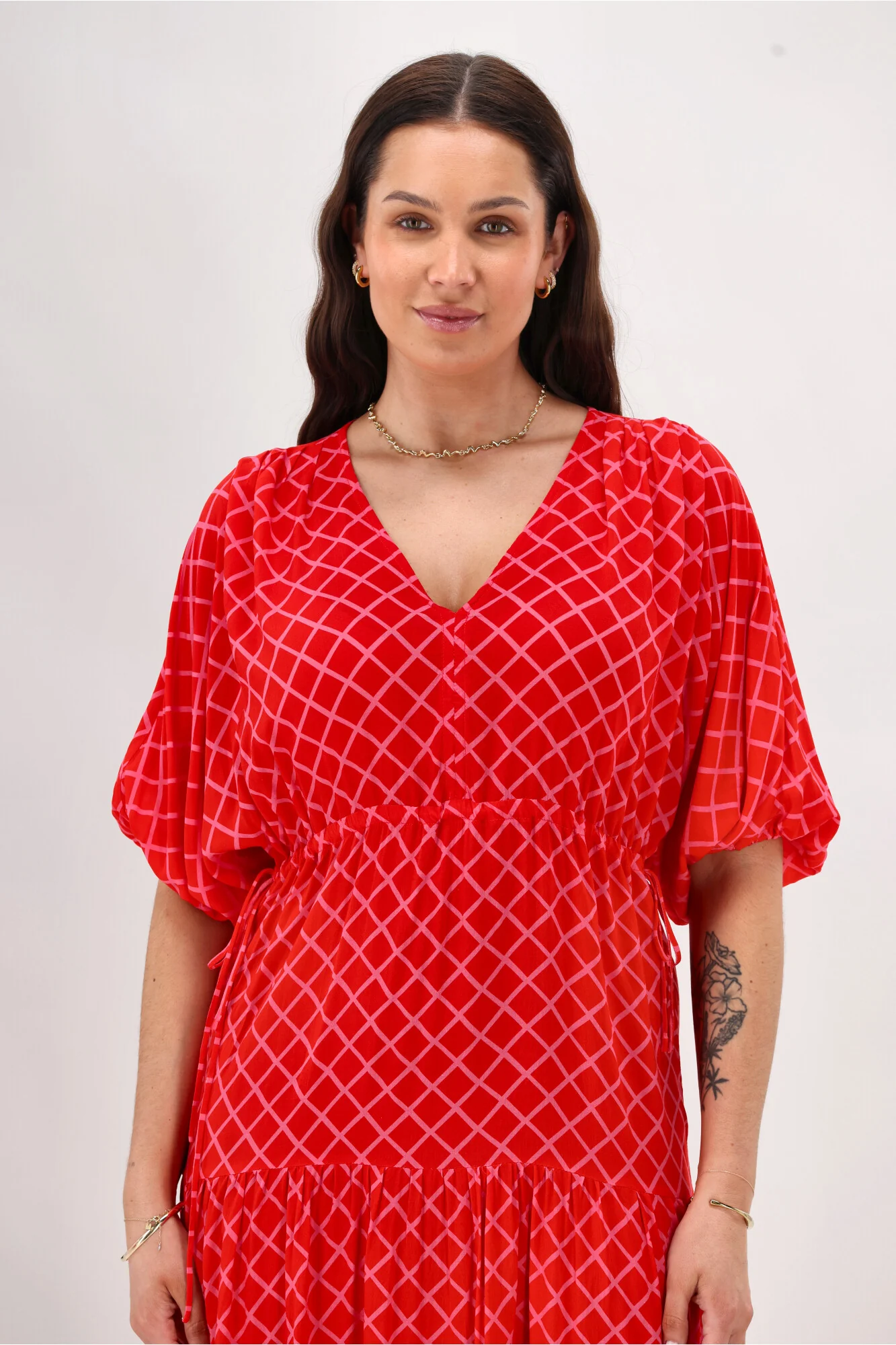 Shine On Label Anna Maxi Tier Dress Red Pink Check - Image 3