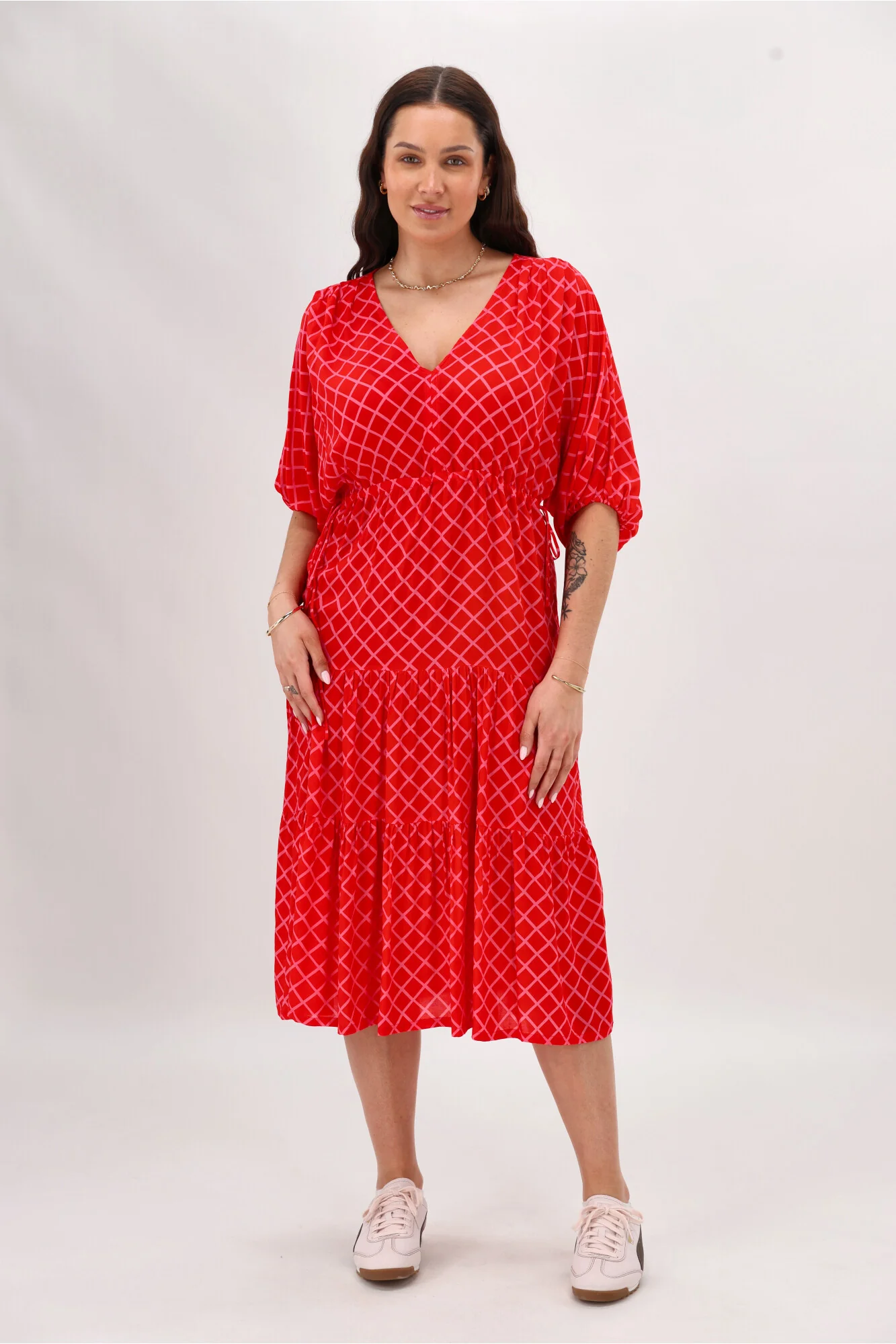 Shine On Label Anna Maxi Tier Dress Red Pink Check - Image 4